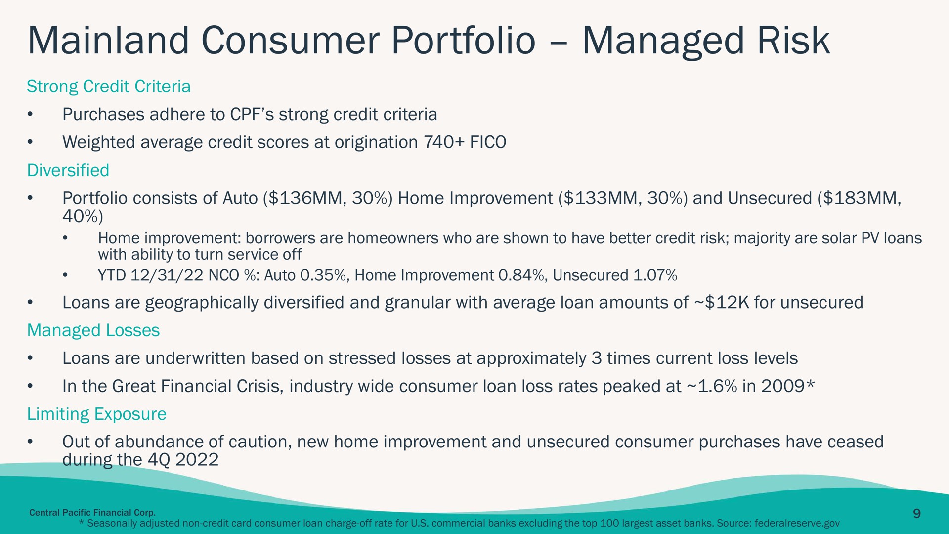 consumer portfolio managed risk | Central Pacific Financial