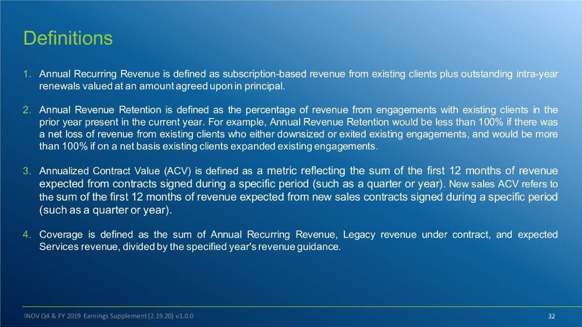 definitions contract value is defined as a metric reflecting the sum of the first mor expected from contracts signed during a specific period such as a quarter or year new sales | Inovalon