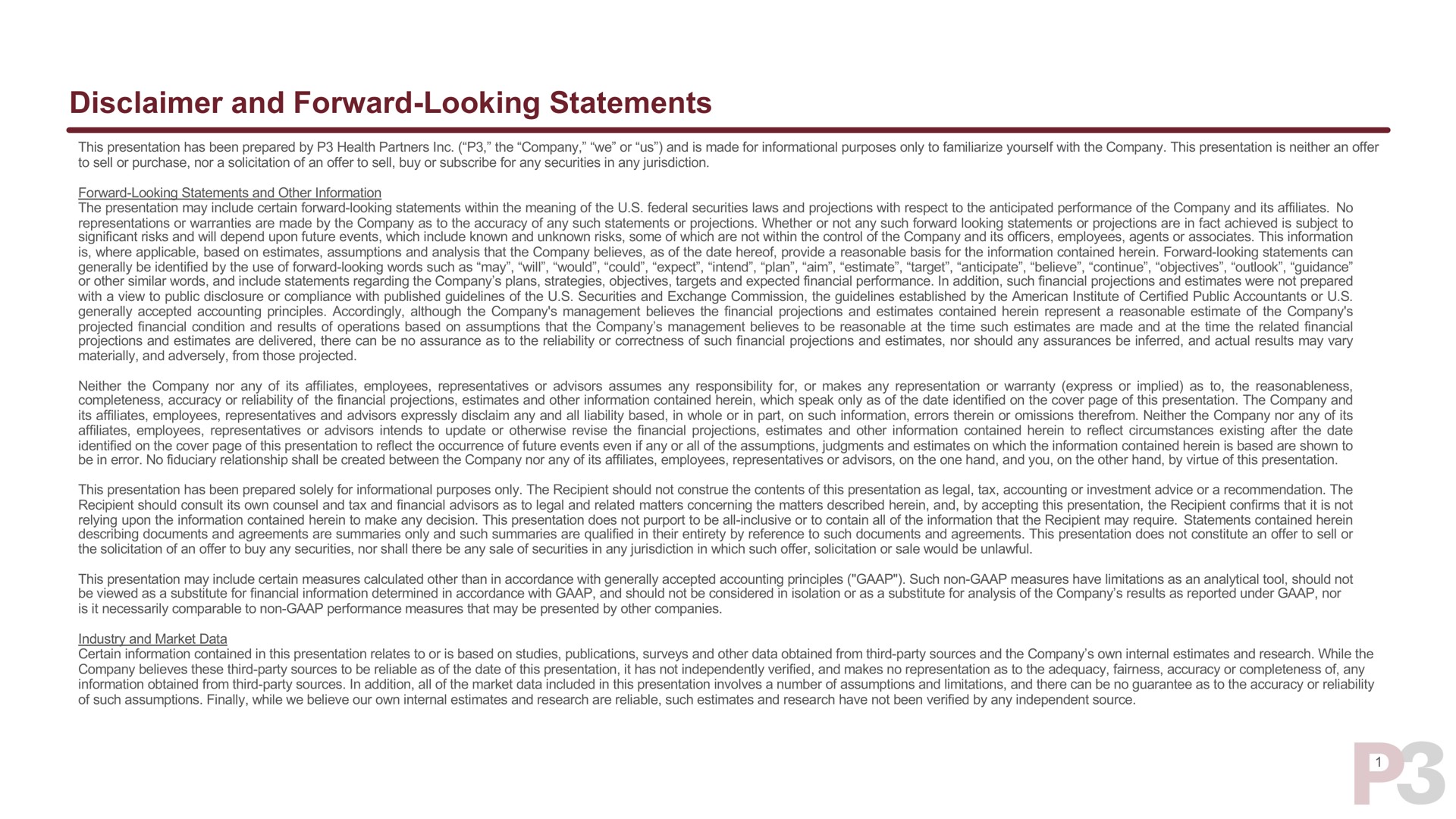 disclaimer and forward looking statements | P3 Health Partners