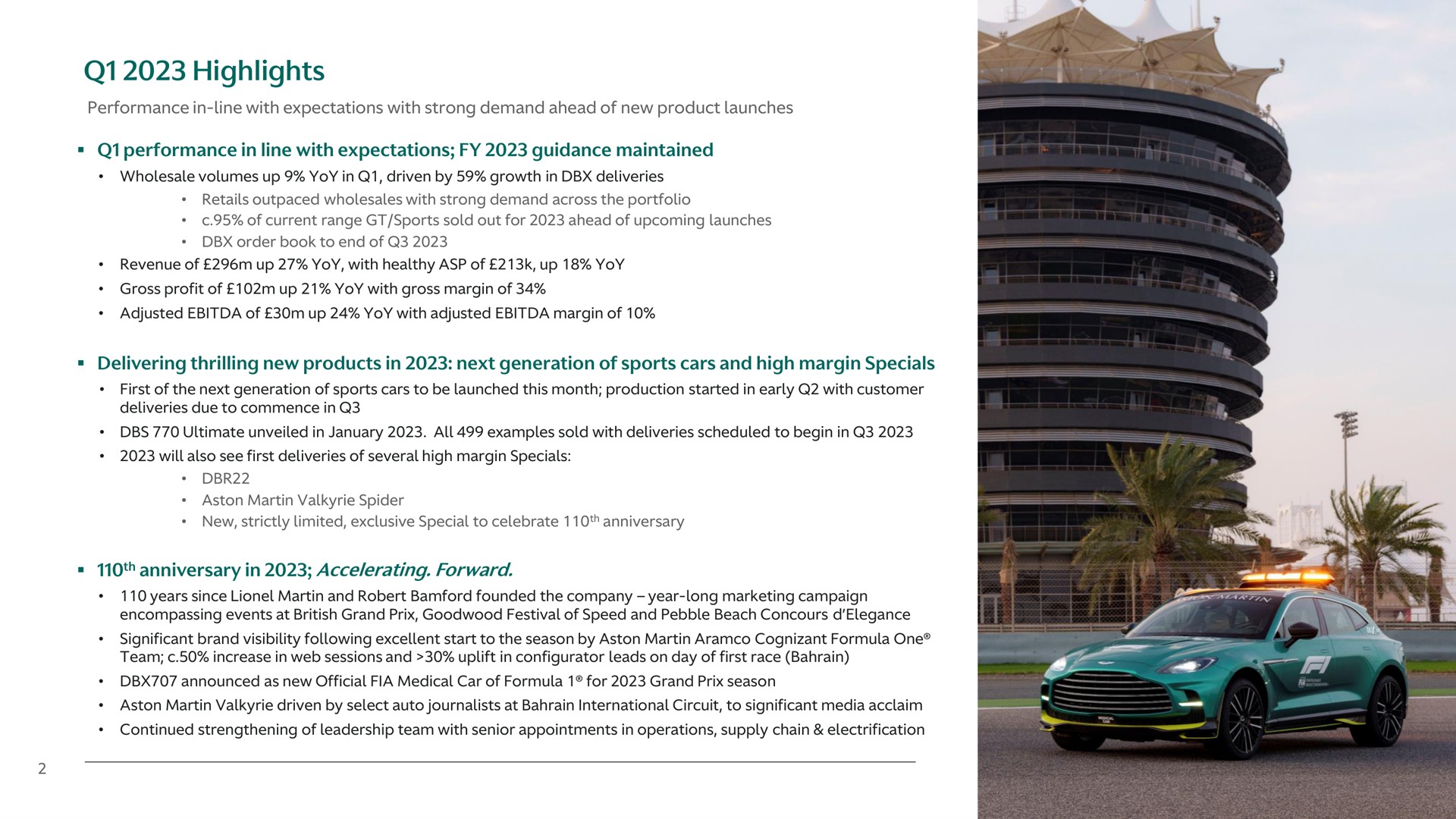highlights performance in line with expectations guidance maintained delivering thrilling new products in next generation of sports cars and high margin specials anniversary in accelerating forward | Aston Martin Lagonda