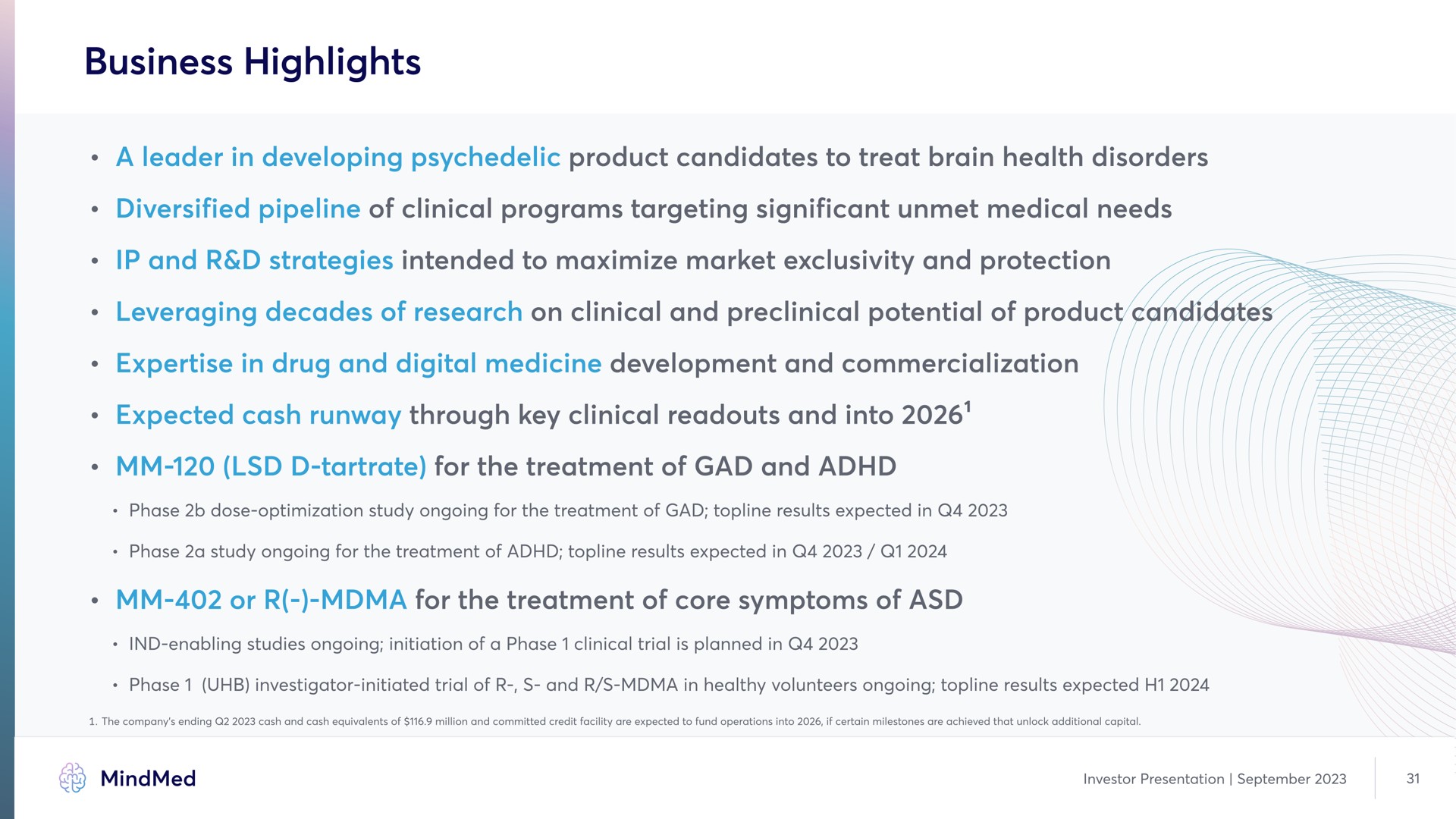 business highlights a leader in developing product candidates to treat brain health disorders diversified pipeline of clinical programs targeting significant unmet medical needs and strategies intended to maximize market exclusivity and in drug and digital medicine development and commercialization expected cash runway through key clinical and into tartrate for the treatment of gad and or for the treatment of core symptoms of | MindMed