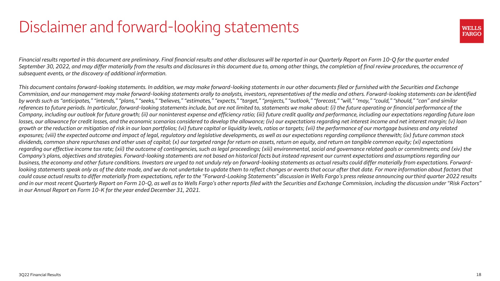 disclaimer and forward looking statements | Wells Fargo & Company