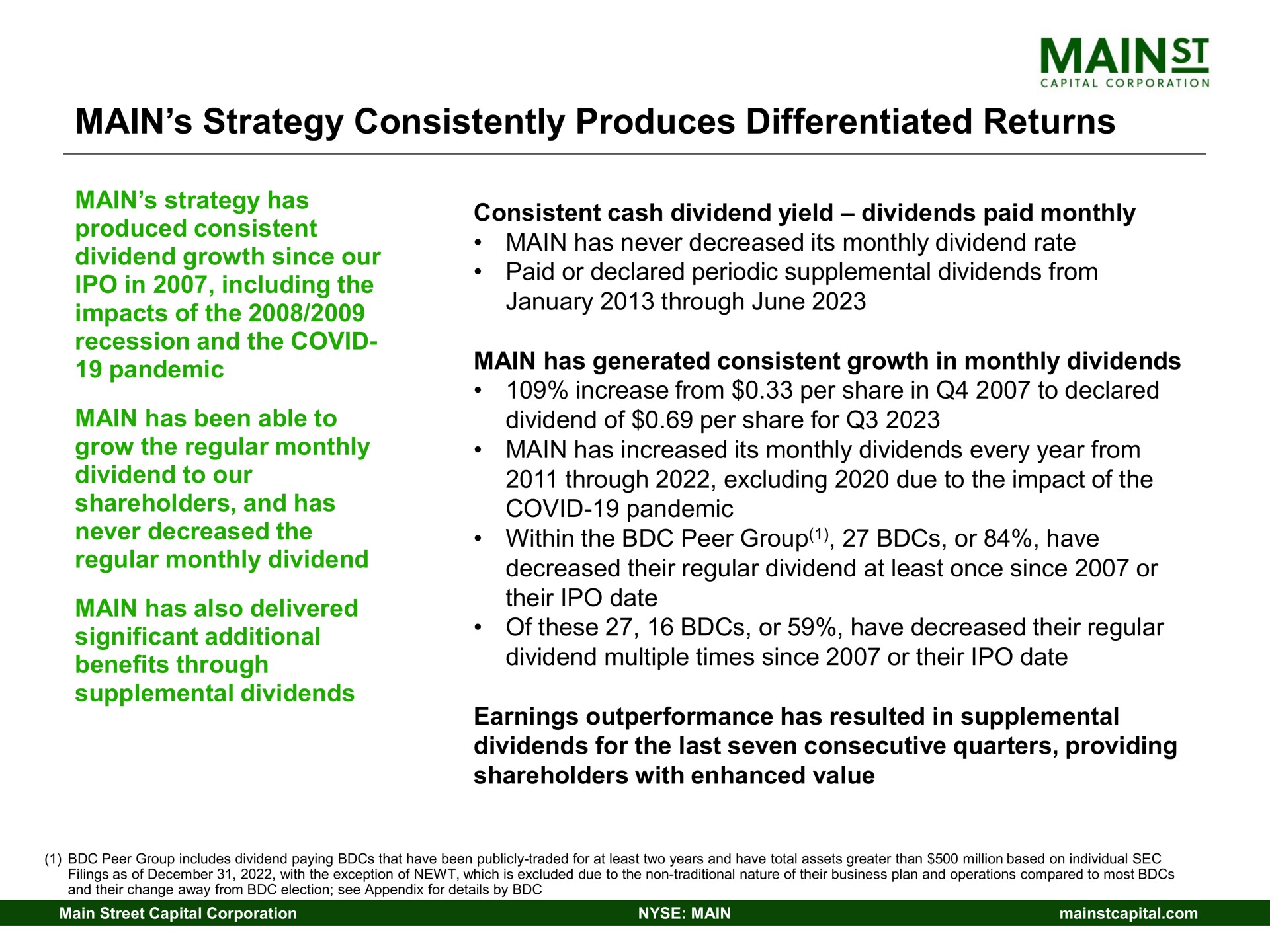 main strategy consistently produces differentiated returns never decreased the regular monthly dividend within the peer group or have decreased their regular dividend at least once since or | Main Street Capital