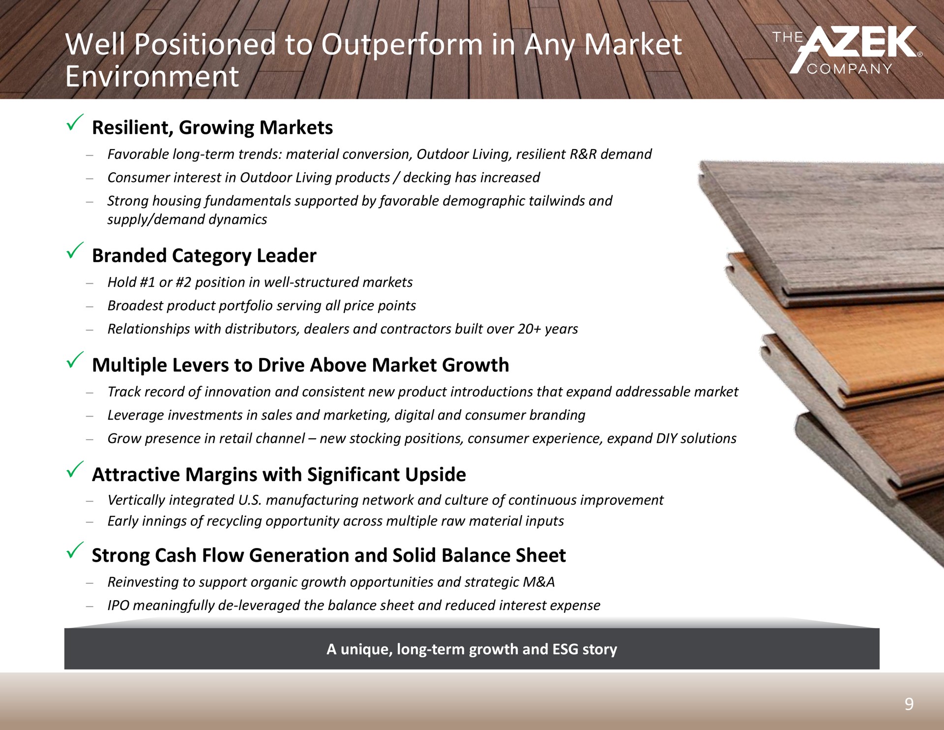well positioned to outperform in any market environment resilient growing markets branded category leader multiple levers to drive above market growth attractive margins with significant upside strong cash flow generation and solid balance sheet | Azek
