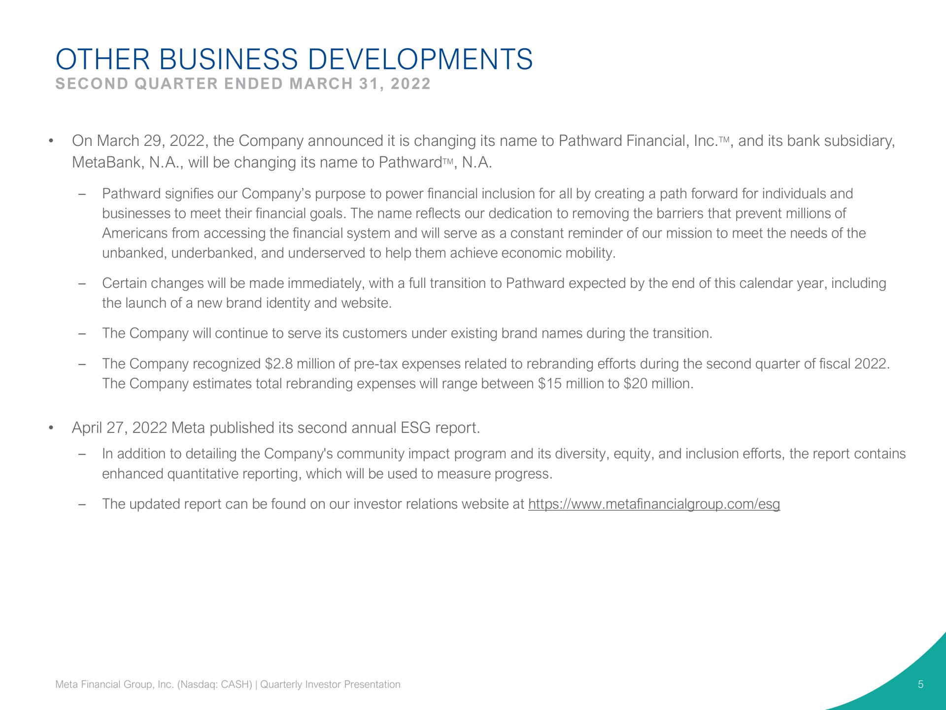 other business developments | Pathward Financial