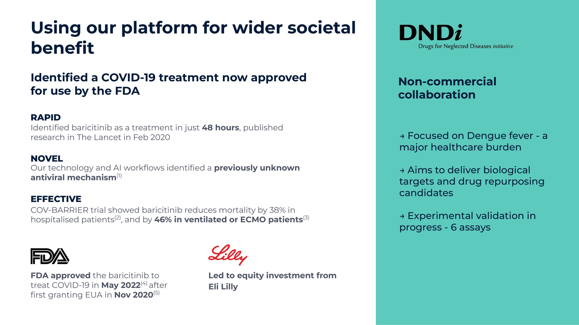 using our platform for societal bene a covid treatment now approved for use by the non commercial collaboration rapid novel effective focused on dengue fever a major burden aims to deliver biological targets and drug candidates experimental validation in progress assays benefit lilt | BenevolentAI