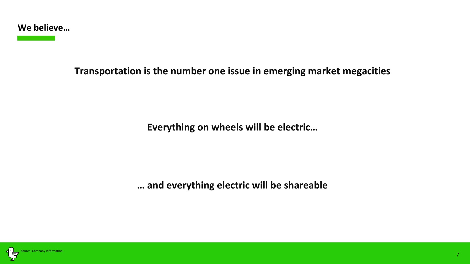 we believe transportation is the number one issue in emerging market everything on wheels will be electric and everything electric will be shareable as | Marti