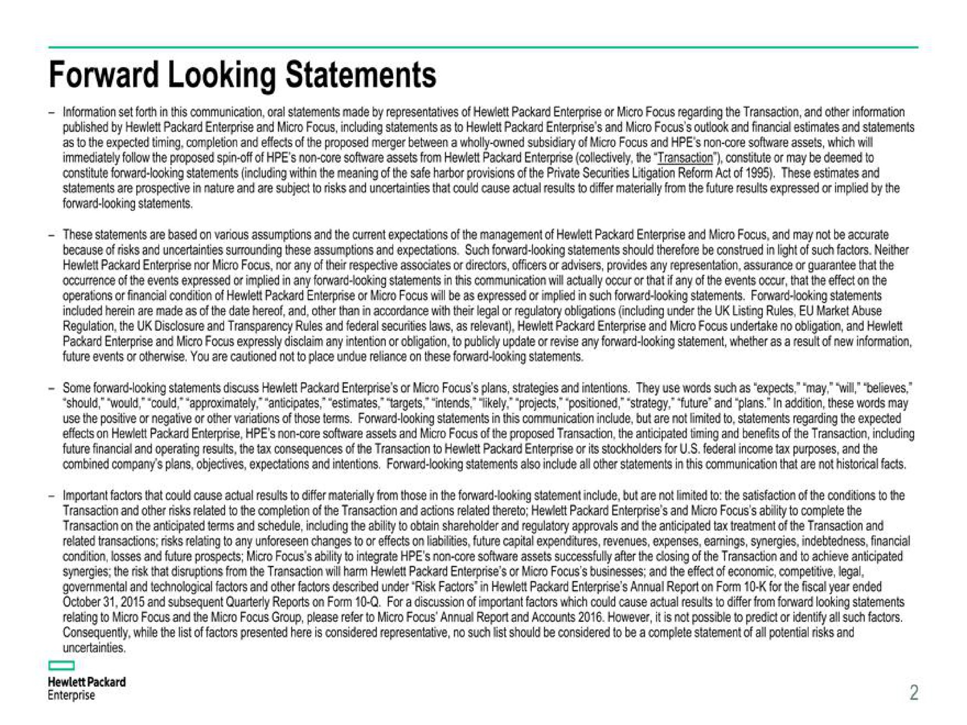 forward looking statements | Hewlett Packard Enterprise