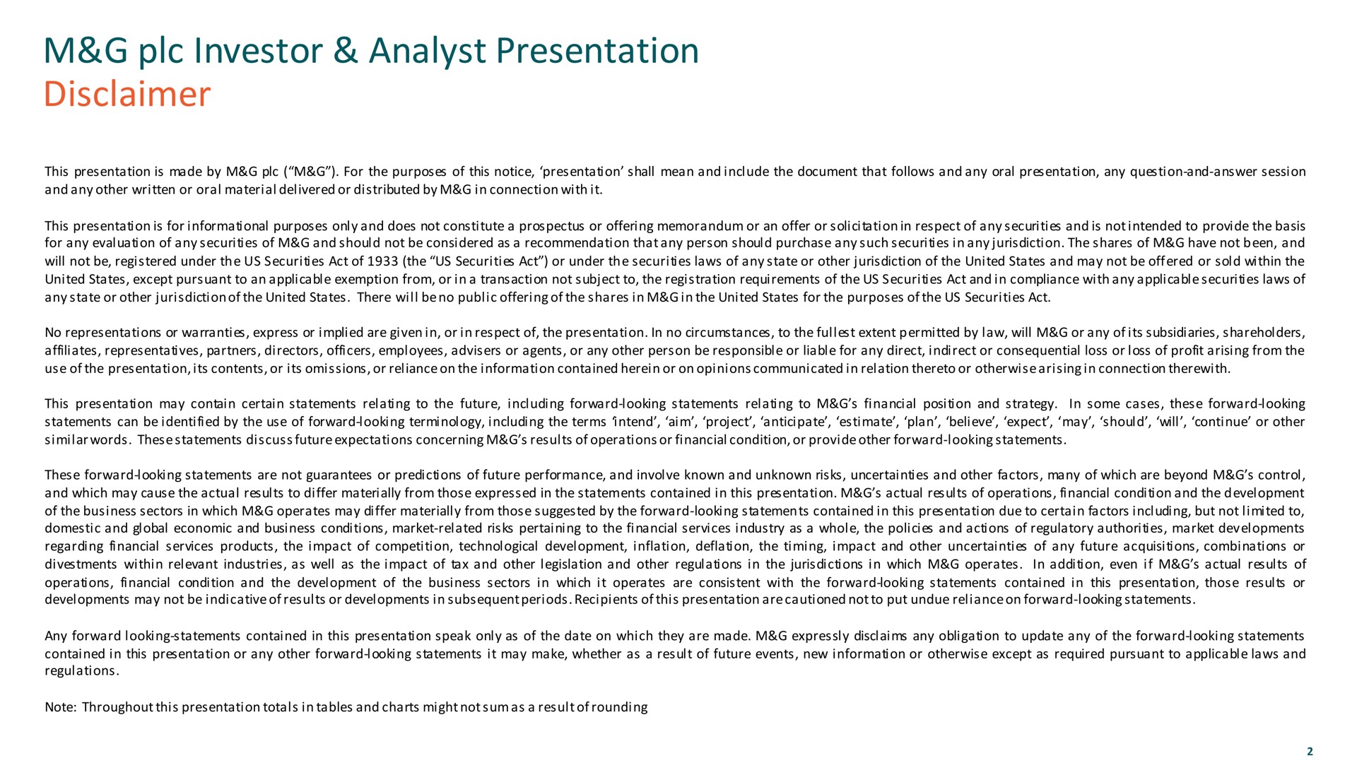 investor analyst presentation disclaimer | M&G