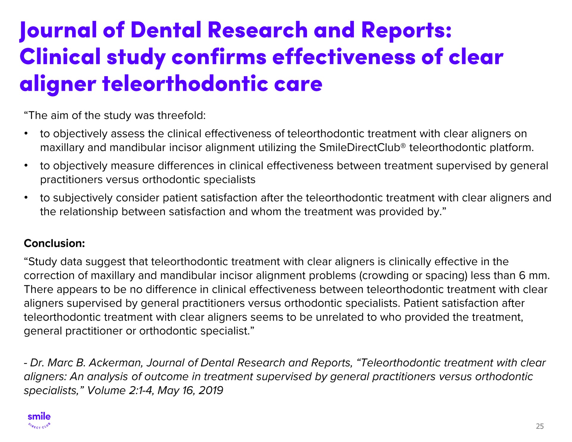 journal of dental research and reports clinical study confirms effectiveness of clear aligner care | SmileDirectClub