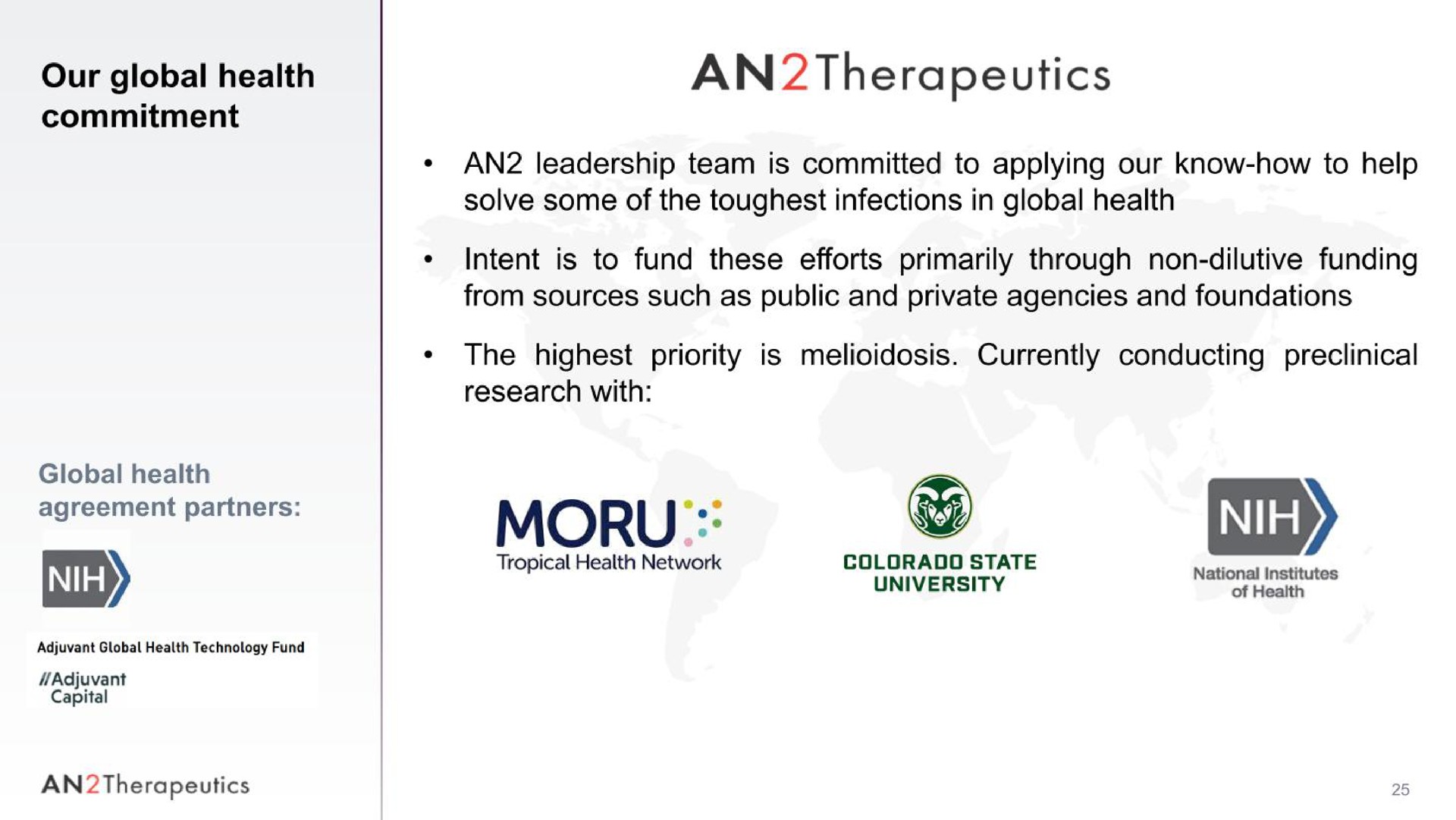 our global health commitment an therapeutics an leadership team is committed to applying our know how to help solve some of the infections in global health intent is from sources such as public and private agencies and foundations to fund these efforts primarily through non dilutive funding the highest priority research with is currently conducting preclinical university global health an therapeutics i | AN2 Therapeutics