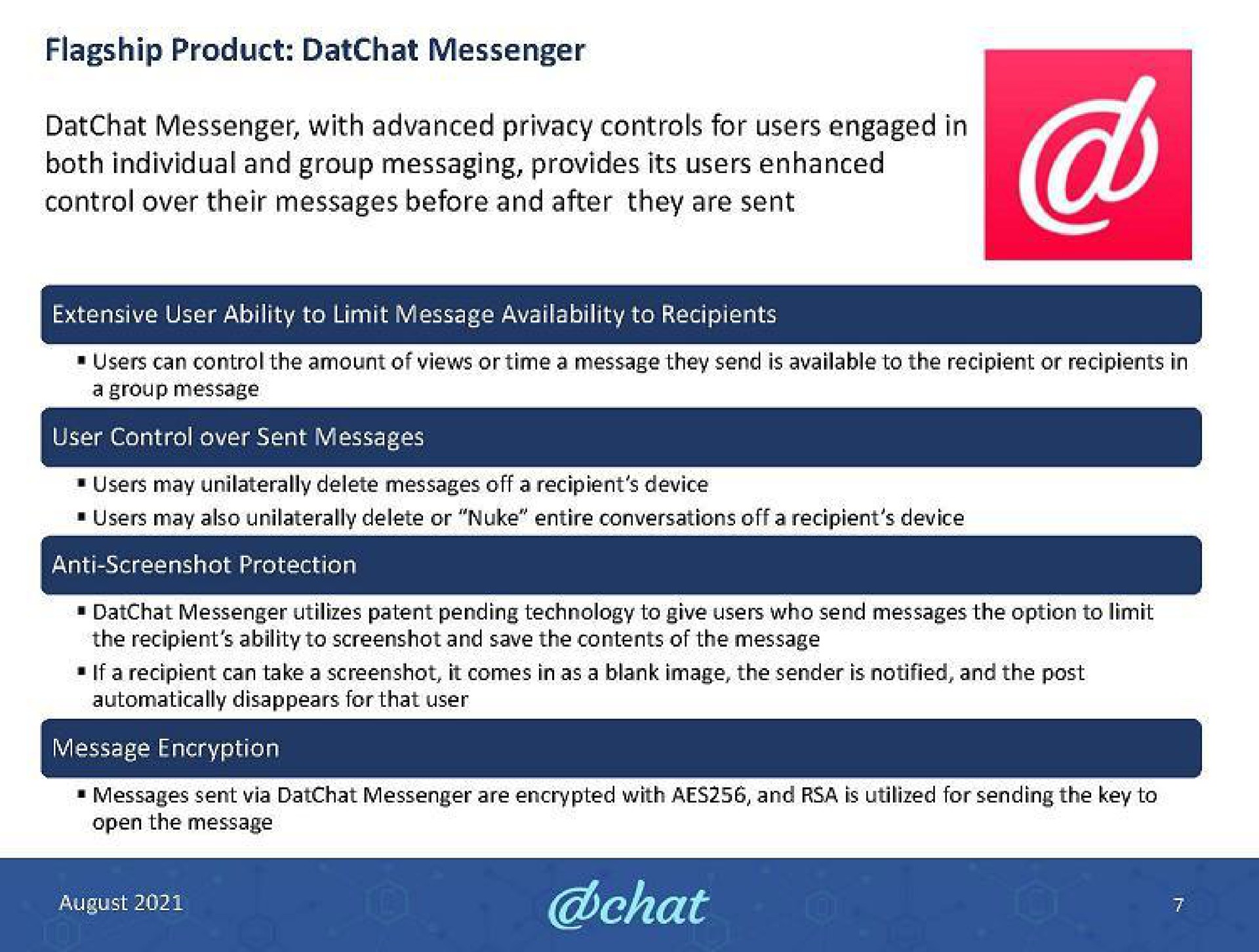 flagship product messenger messenger with advanced privacy controls for users engaged in both individual and group messaging provides its users enhanced control over their messages before and after they are sent | DatChat