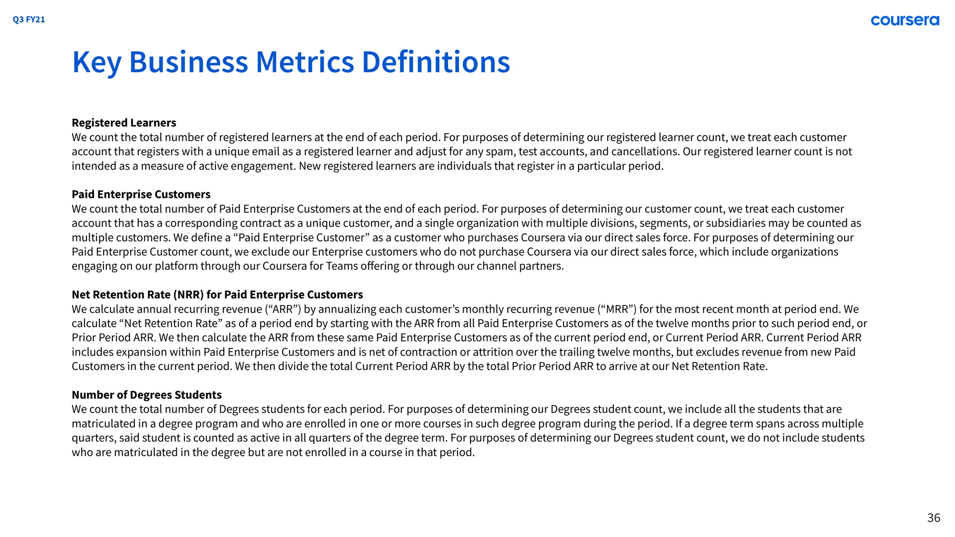 key business metrics definitions | Coursera