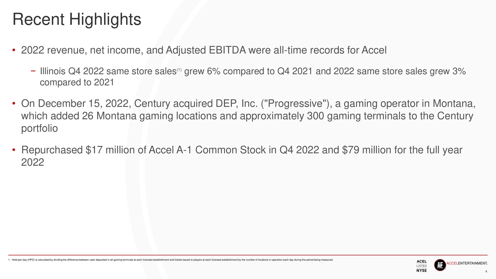 recent highlights revenue net income and adjusted were all time records for same store sales grew compared to and same store sales grew compared to on century acquired progressive a gaming operator in montana which added montana gaming locations and approximately gaming terminals to the century portfolio repurchased million of a common stock in and million for the full year | Accel Entertaiment
