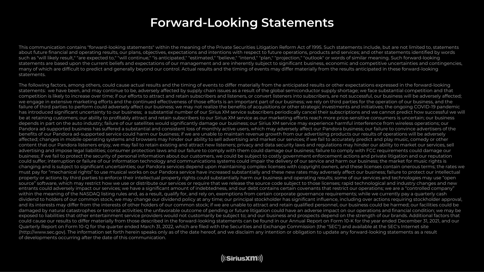 forward looking statements | SiriusXM