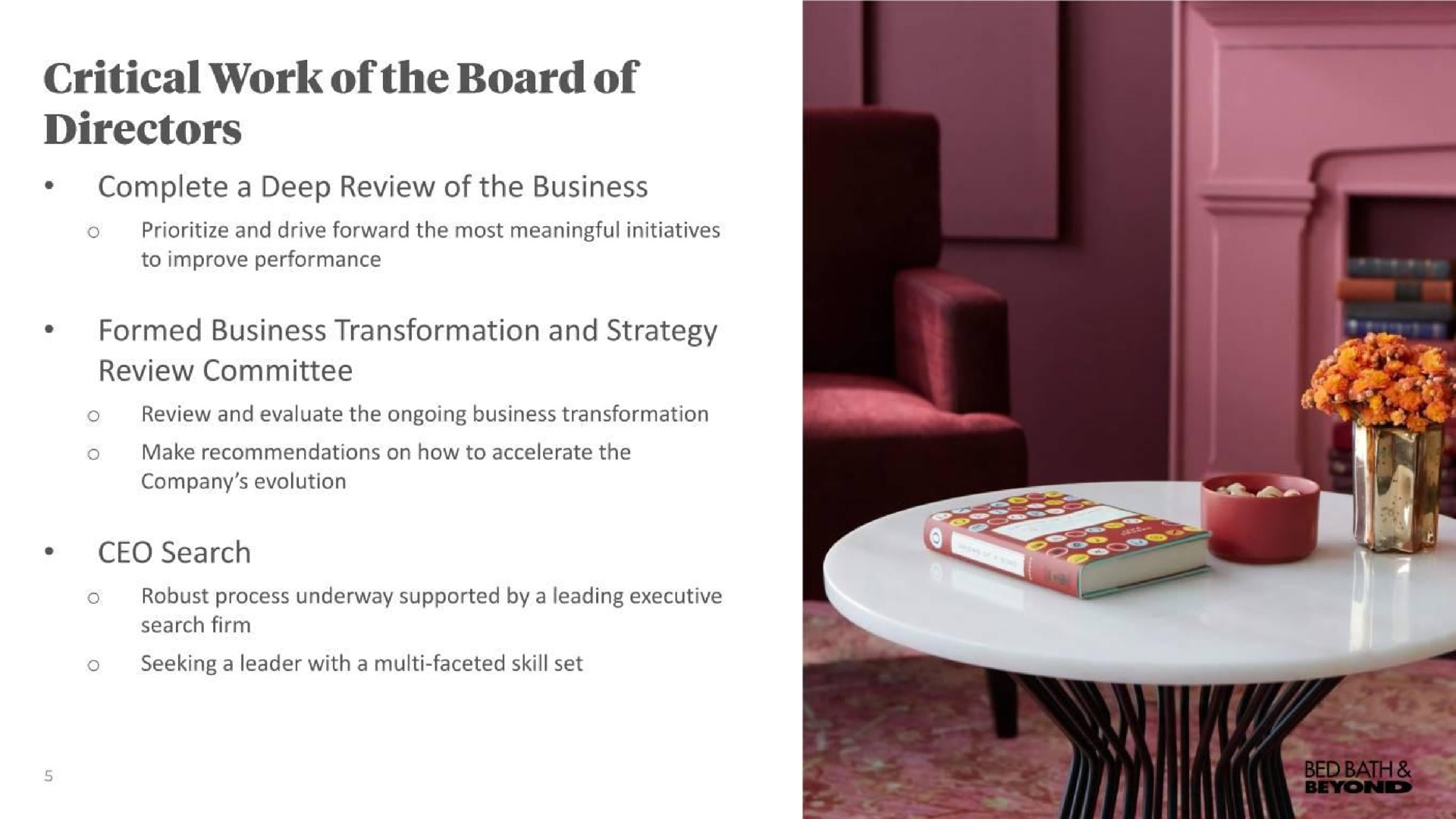 critical work of the board of directors | Bed Bath & Beyond