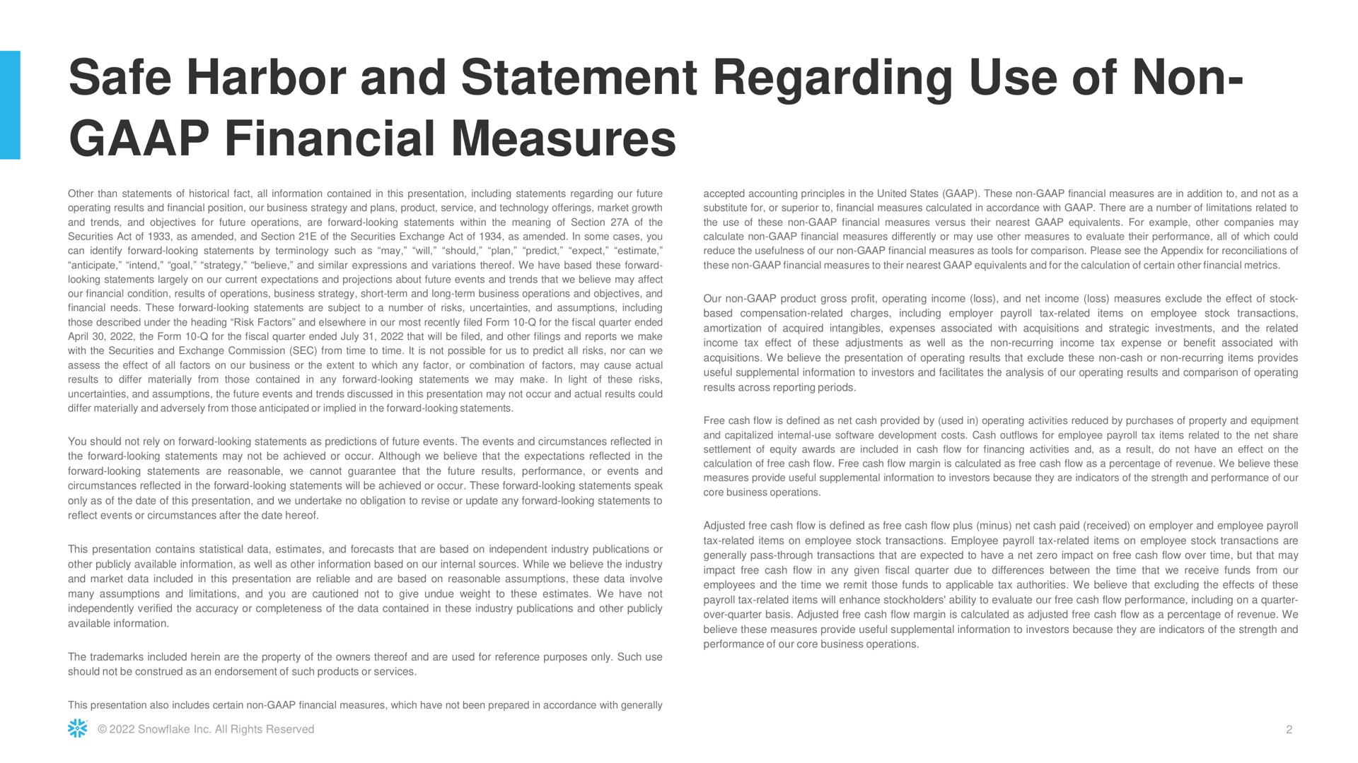 safe harbor and statement regarding use of non financial measures | Snowflake