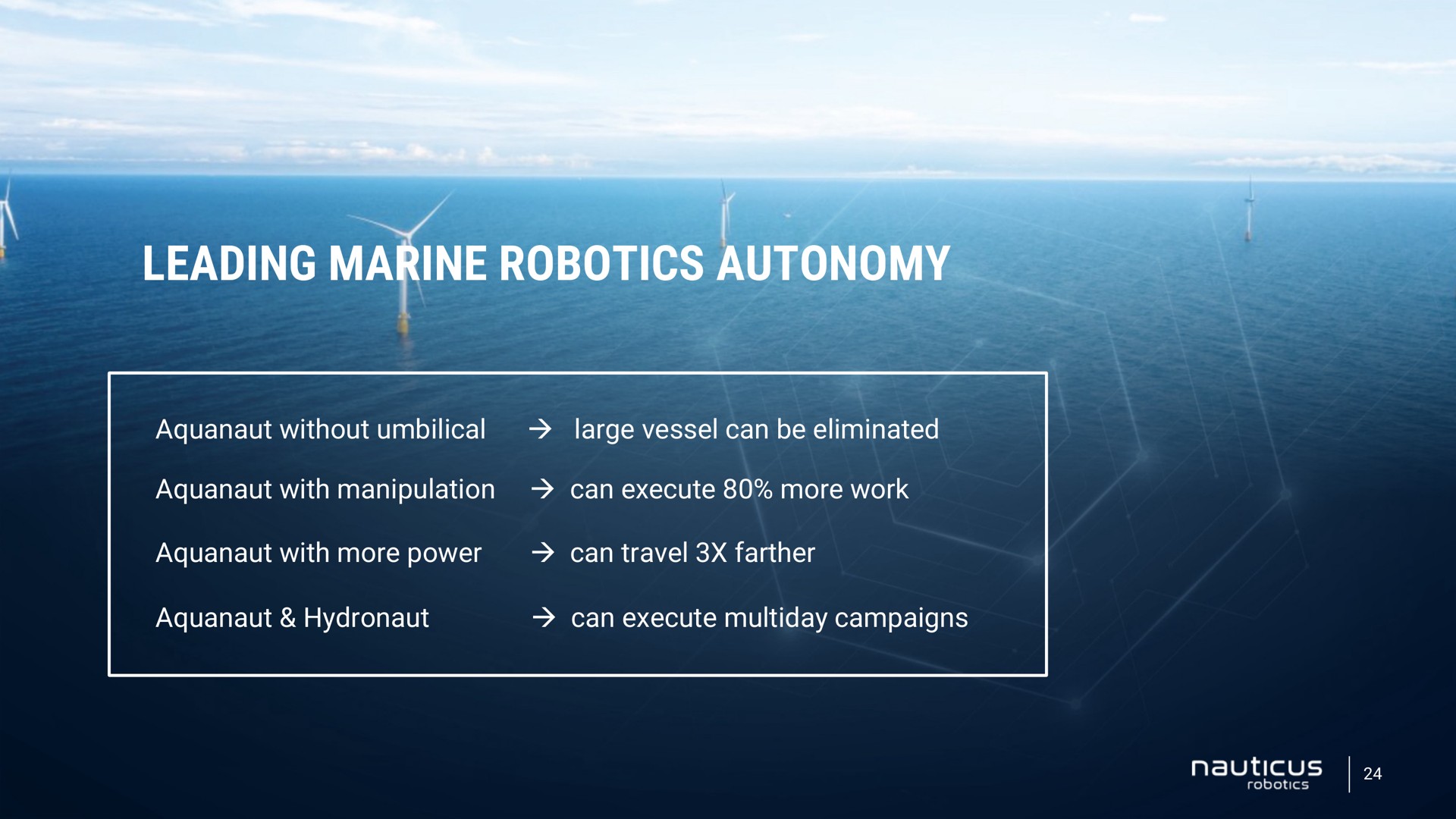 leading marine autonomy without umbilical large vessel can be eliminated with manipulation can execute more work with more power can travel farther can execute campaigns | Nauticus
