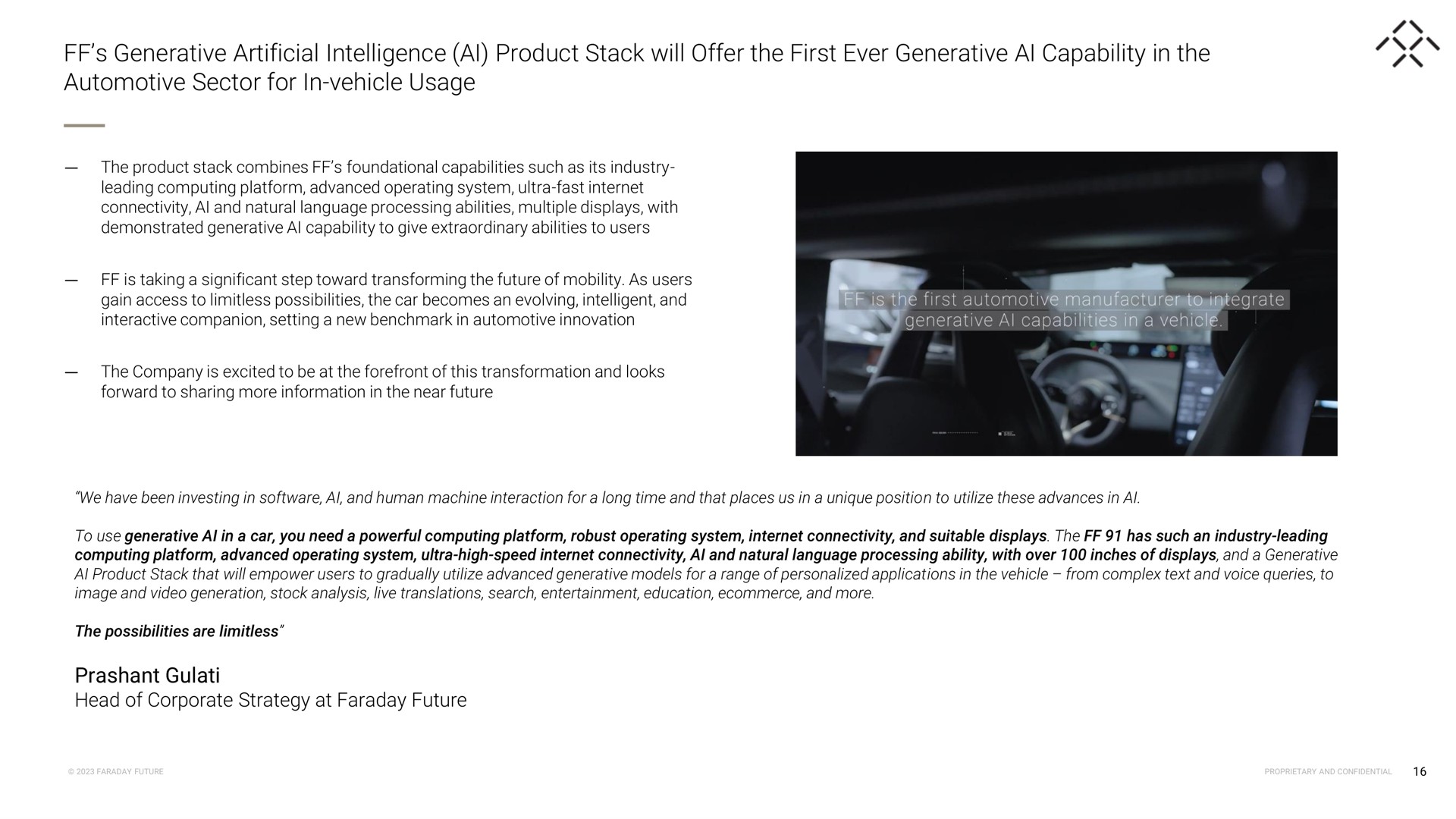 generative artificial intelligence product stack will offer the first ever generative capability in the automotive sector for in vehicle usage | Faraday Future