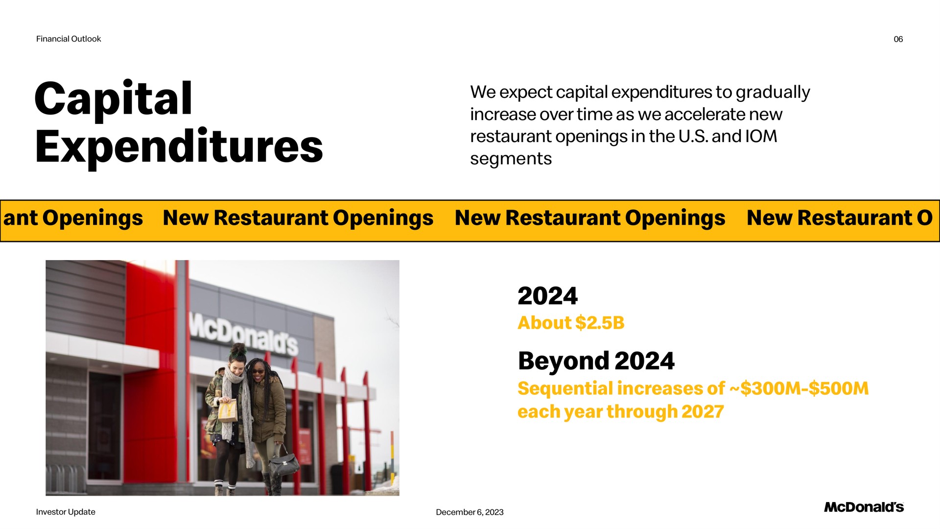 capital expenditures we expect capital expenditures to gradually increase over time as we accelerate new restaurant openings in the and segments ant openings new restaurant openings new restaurant openings new restaurant about beyond sequential increases of each year through | McDonald's