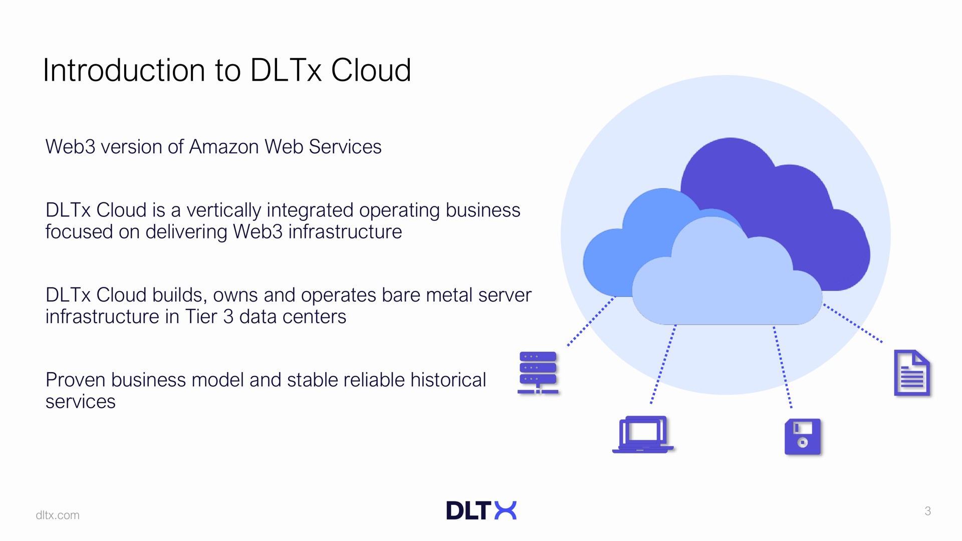 introduction to cloud web version of web services cloud is a vertically integrated operating business focused on delivering web infrastructure cloud builds owns and operates bare metal server infrastructure in tier data centers proven business model and stable reliable historical services | DLTx
