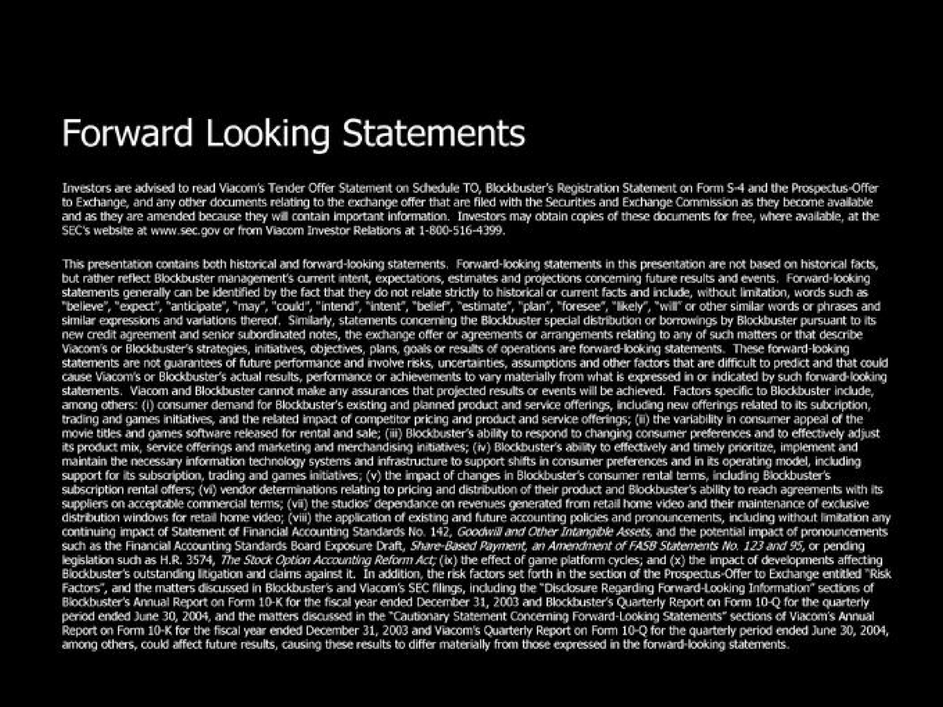 forward looking statements | Blockbuster Video