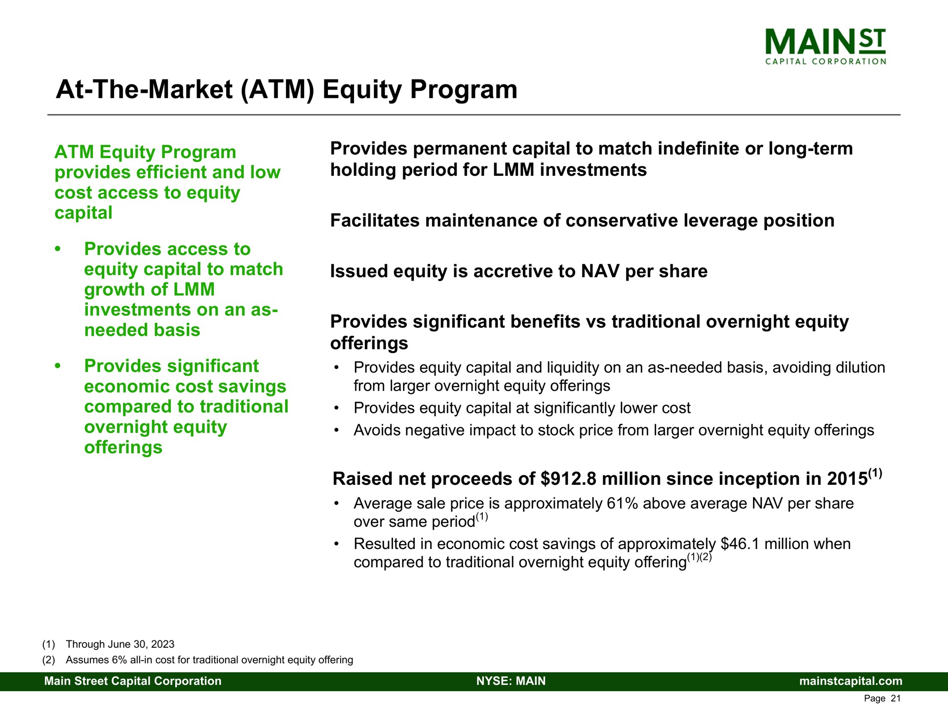 at the market equity program equity program provides efficient and low cost access to equity capital provides access to equity capital to match growth of investments on an as needed basis provides significant economic cost savings compared to traditional overnight equity offerings provides permanent capital to match indefinite or long term holding period for investments facilitates maintenance of conservative leverage position issued equity is accretive to per share provides significant benefits traditional overnight equity offerings raised net proceeds of million since inception in | Main Street Capital