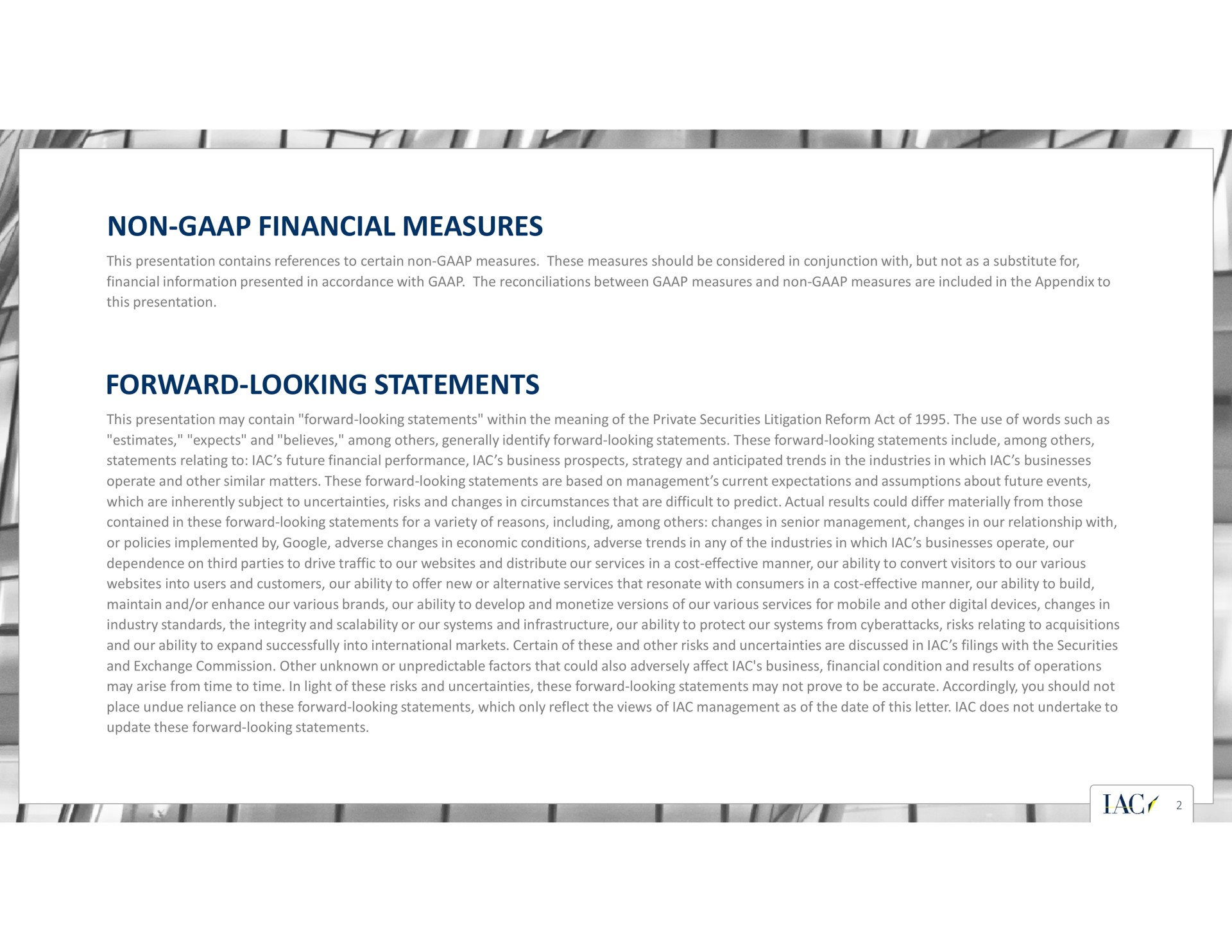 non financial measures forward looking statements | IAC