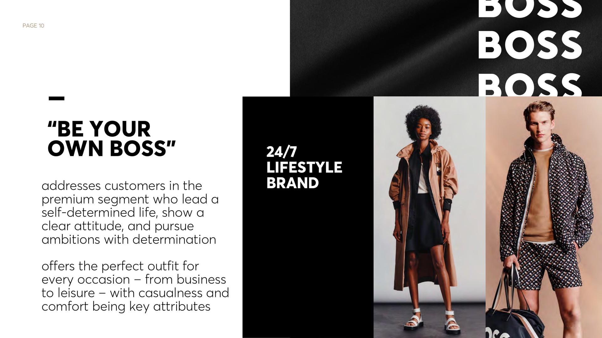 page i brand be your own boss addresses customers in the premium segment who lead a self determined life show a clear attitude and pursue ambitions with determination offers the perfect outfit for every occasion from business to leisure with casualness and comfort being key attributes | Hugo Boss