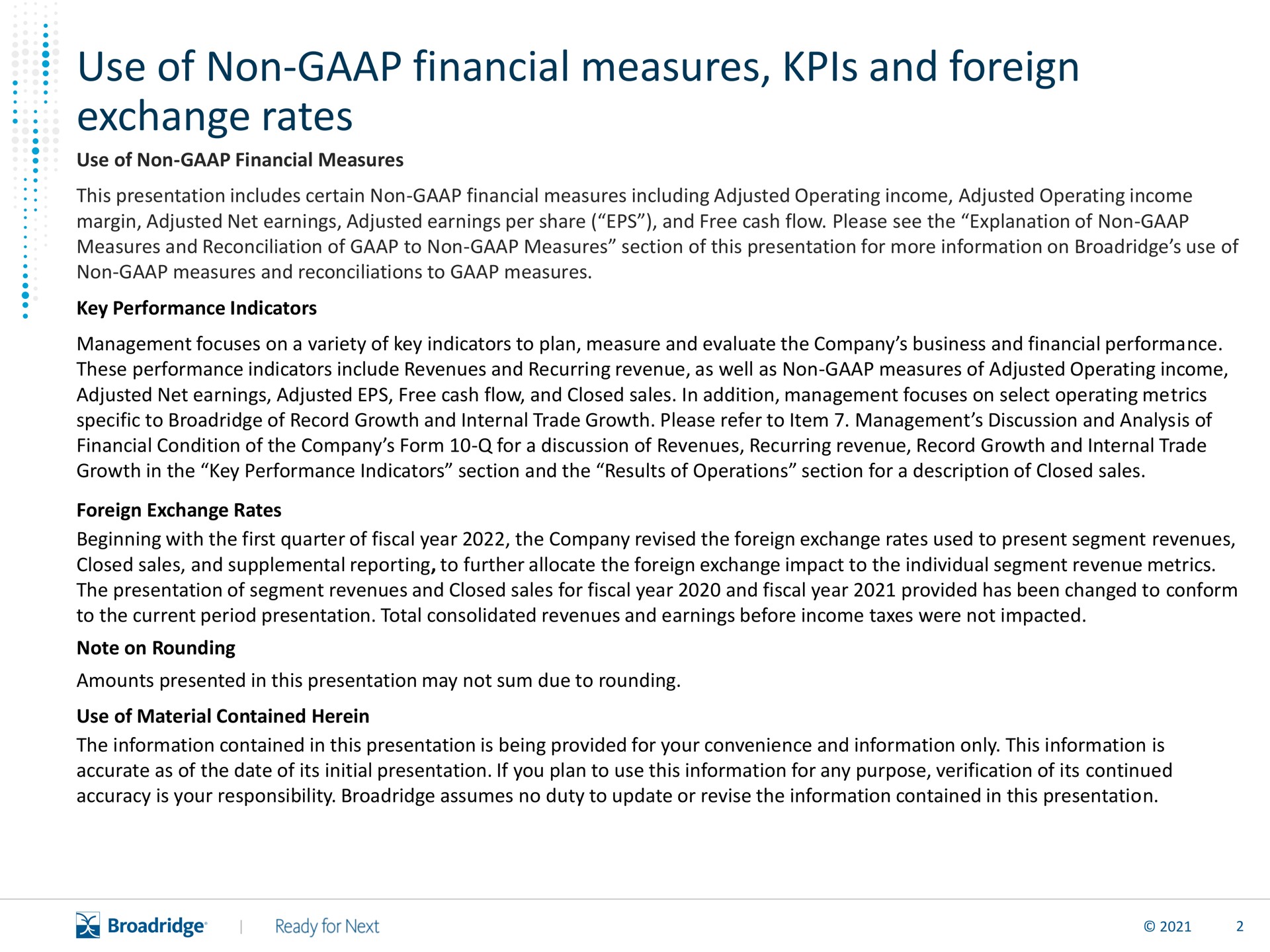 use of non financial measures and foreign exchange rates | Broadridge Financial Solutions