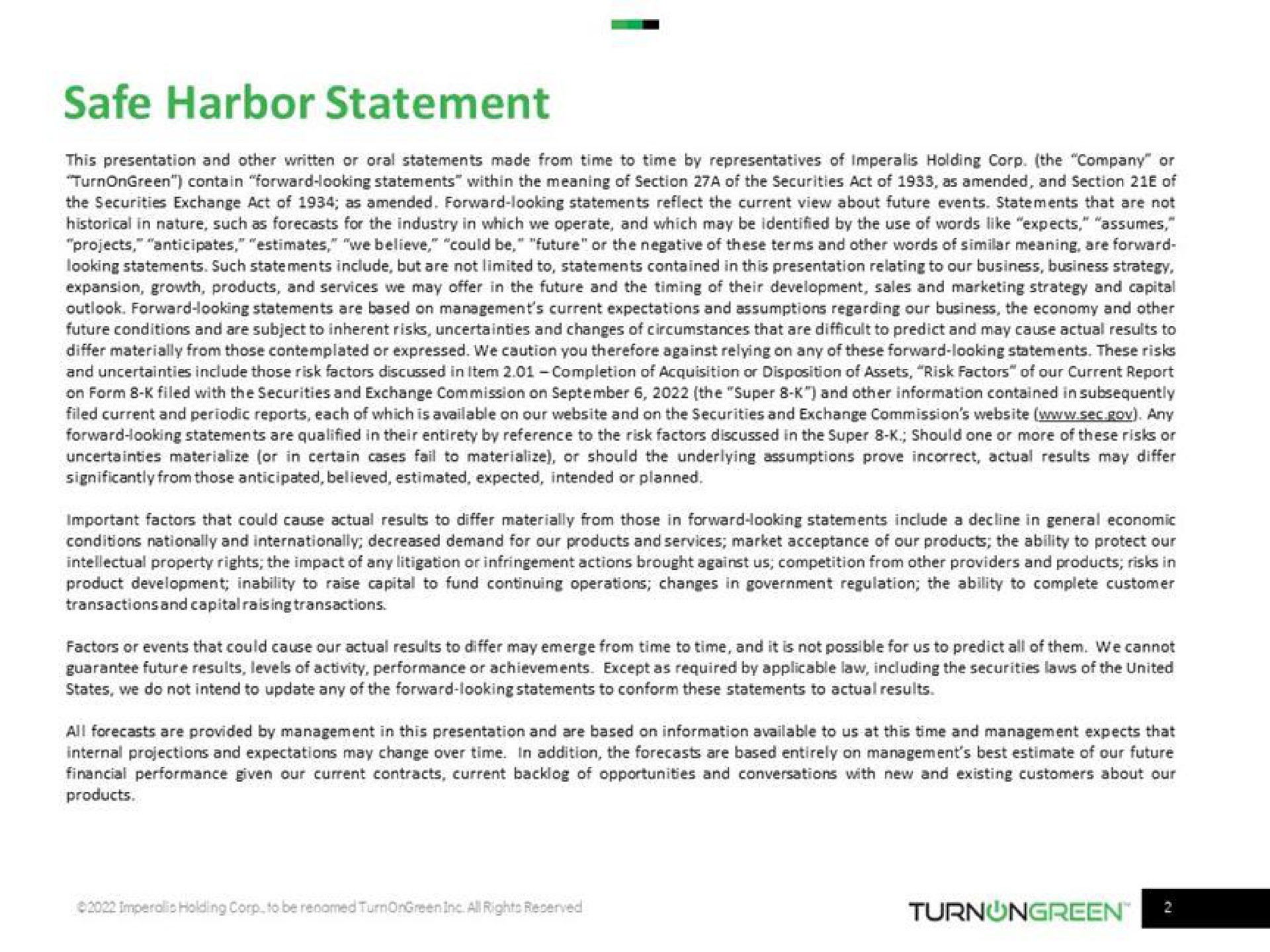 safe harbor statement | TurnOnGreen