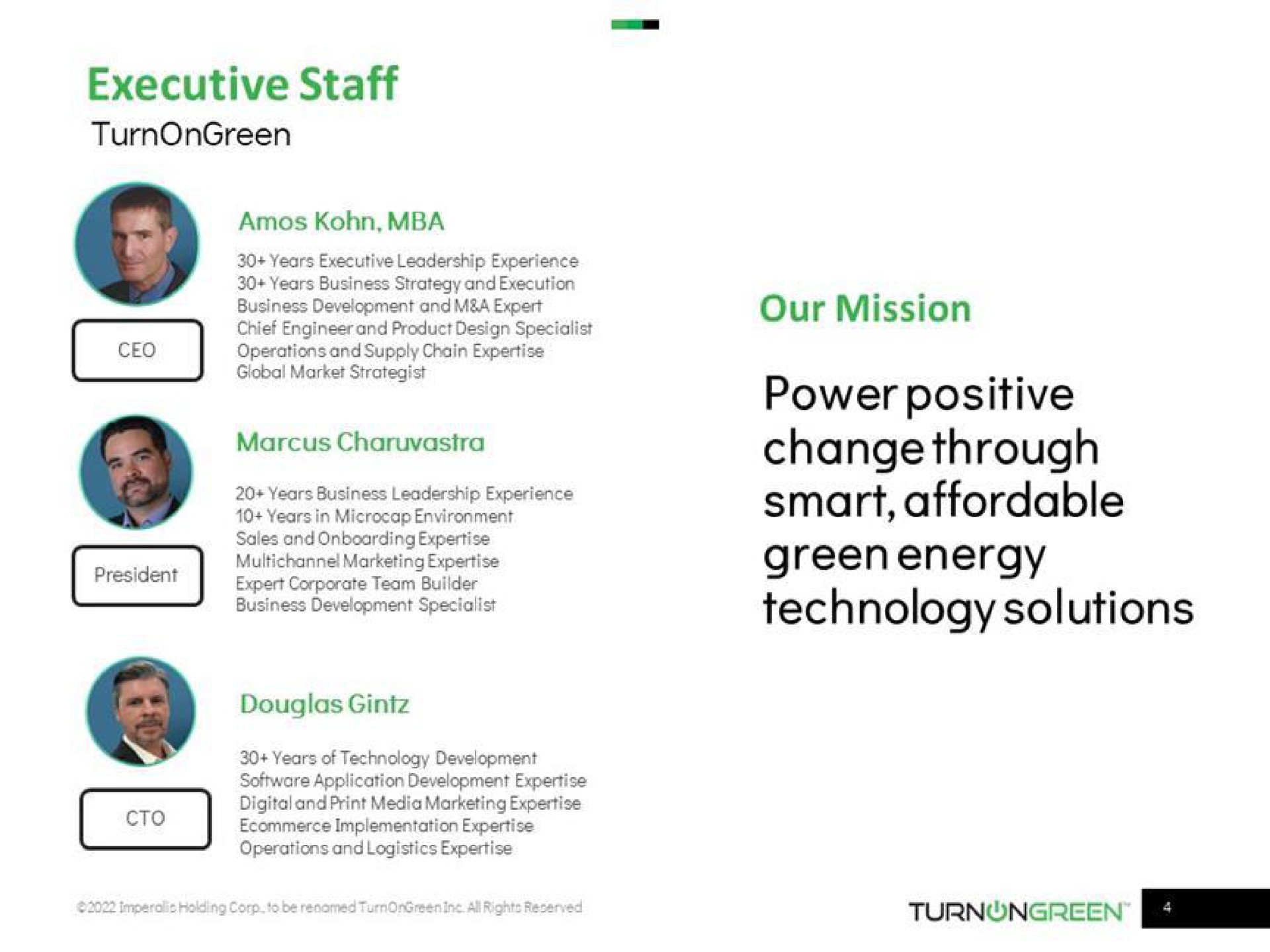 executive staff power positive change through smart affordable green energy technology solutions | TurnOnGreen