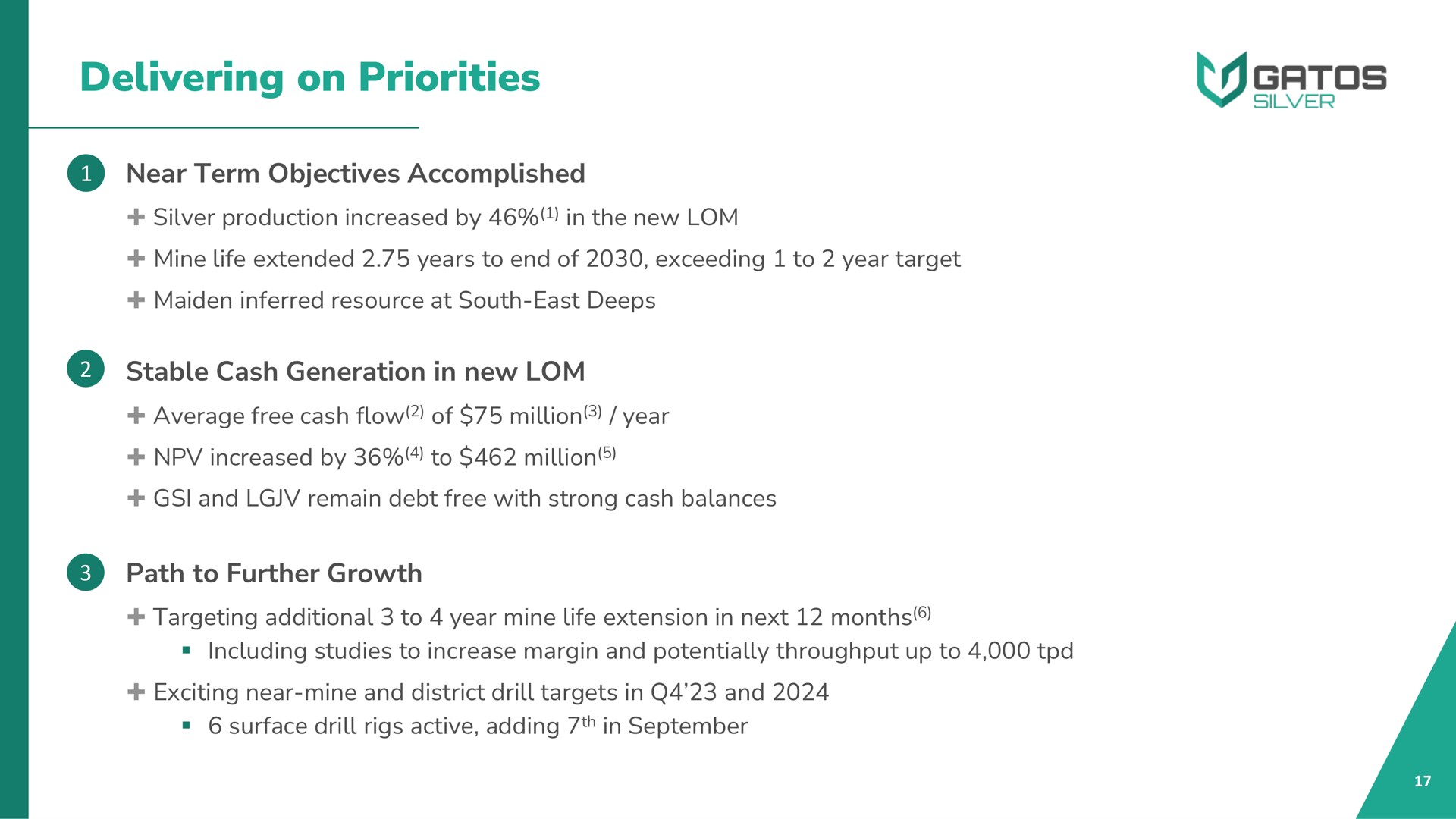 delivering on priorities near term objectives accomplished stable cash generation in new path to further growth average free flow of million year | Gatos Silver