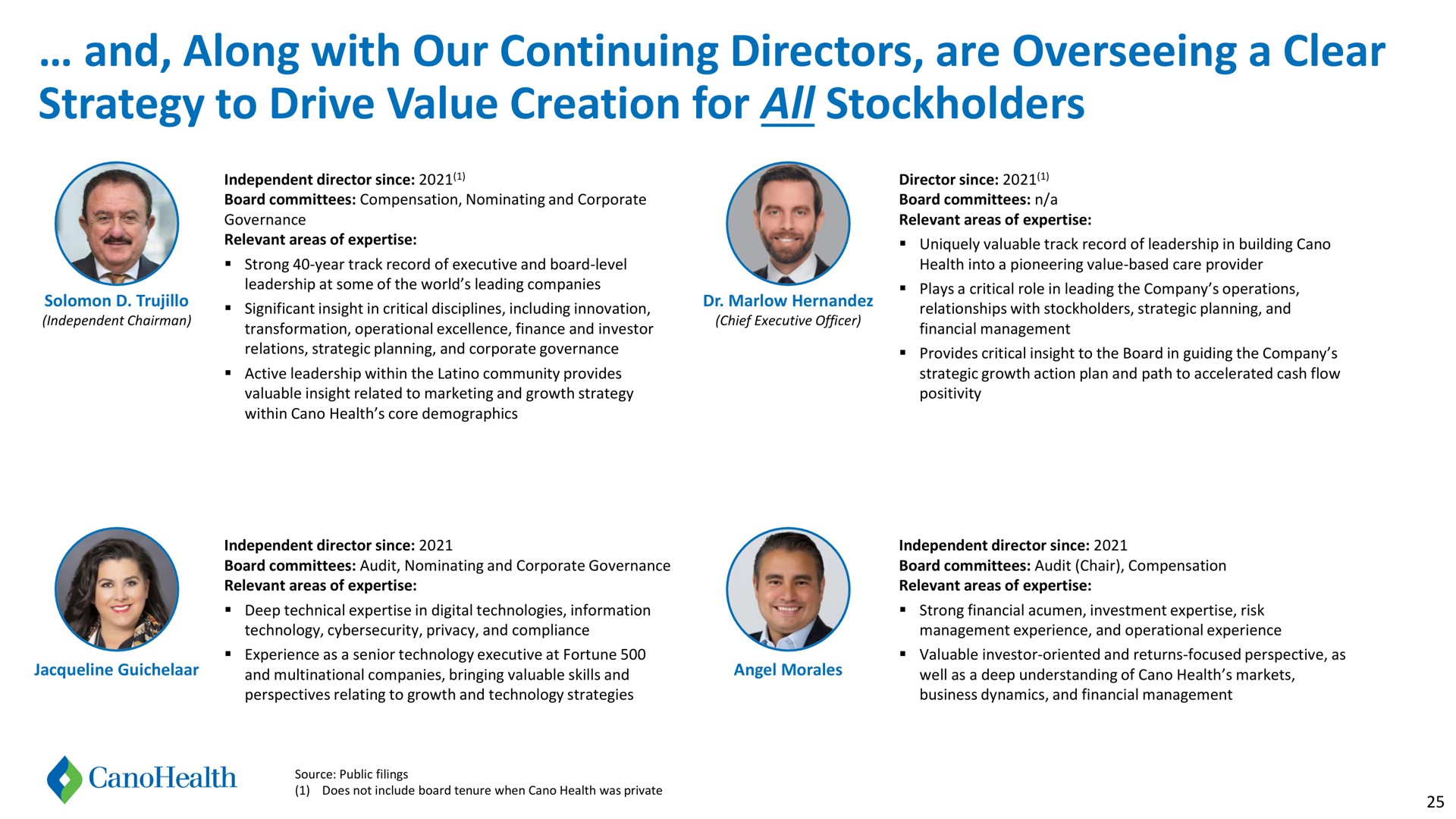 and along with our continuing directors are overseeing a clear strategy to drive value creation for all stockholders | Cano Health