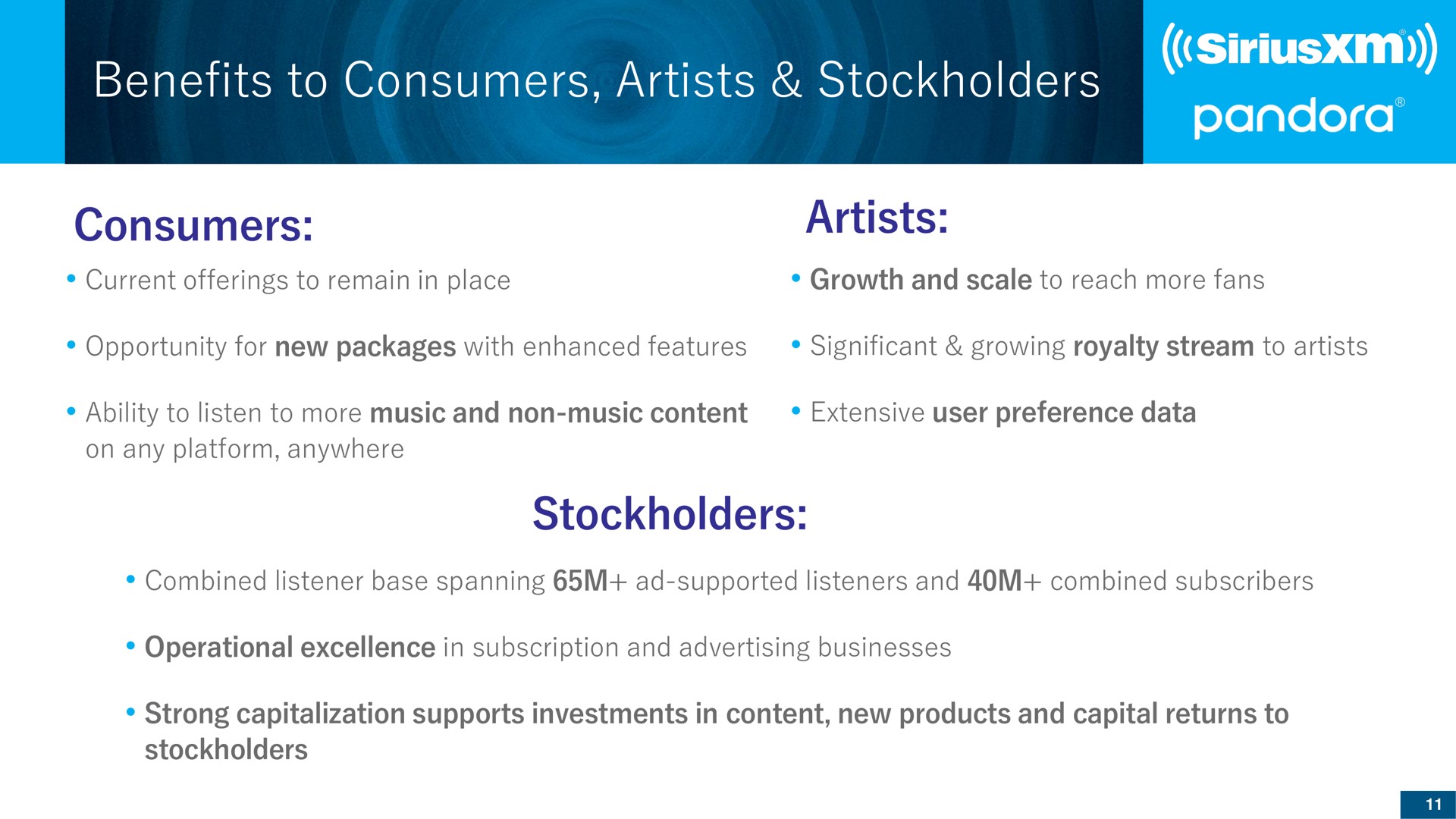 benefits to consumers artists stockholders | SiriusXM