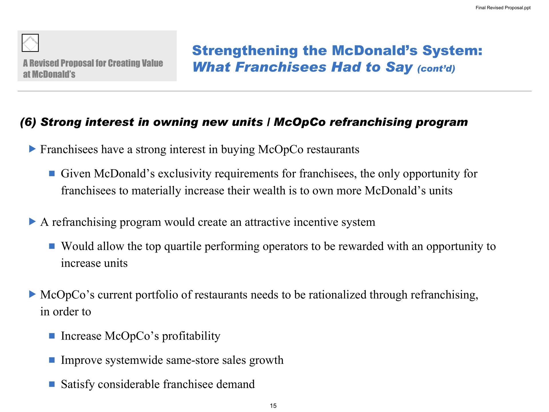 strengthening the system what franchisees had to say strong interest in owning new units program franchisees have a strong interest in buying restaurants given exclusivity requirements for franchisees the only opportunity for franchisees to materially increase their wealth is to own more units a program would create an attractive incentive system would allow the top quartile performing operators to be rewarded with an opportunity to increase units current portfolio of restaurants needs to be rationalized through in order to increase profitability improve same store sales growth satisfy considerable demand proposal revised creating | Pershing Square