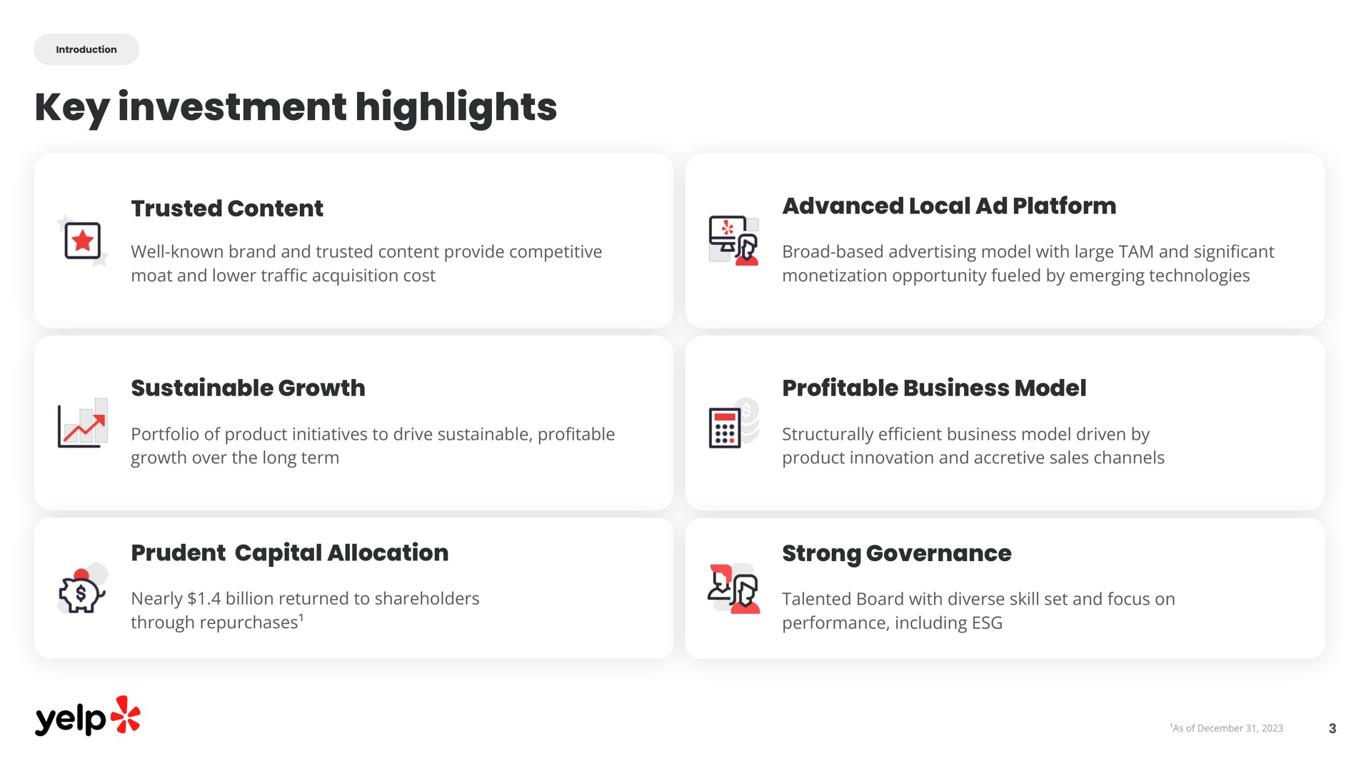 key investment highlights trusted content advanced local platform sustainable growth profitable business model prudent capital allocation strong governance yelps | Yelp