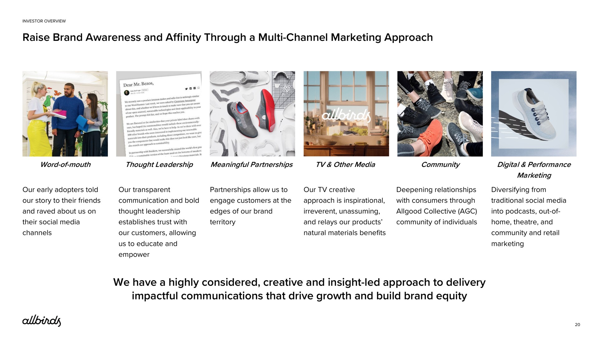 raise brand awareness and affinity through a channel marketing approach we have a highly considered creative and insight led approach to delivery communications that drive growth and build brand equity | Allbirds