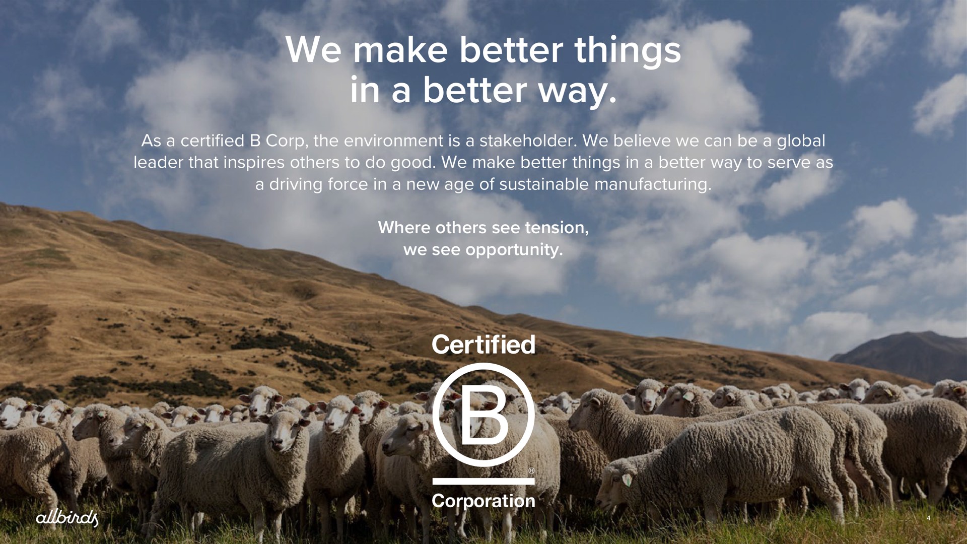 we make better things in a better way as a certified corp the environment is a stakeholder we believe we can be a global leader that inspires to do good we make better things in a better way to serve as a driving force in a new age of sustainable manufacturing where see tension we see opportunity i | Allbirds