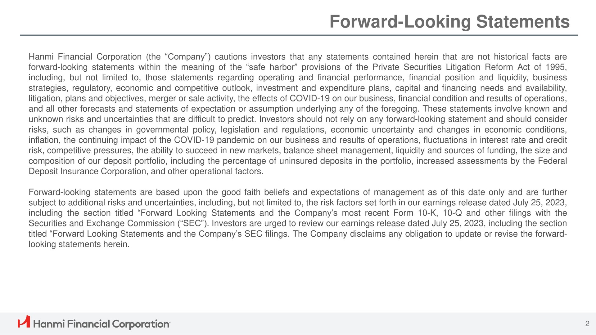 forward looking statements a financial corporation | Hanmi Financial
