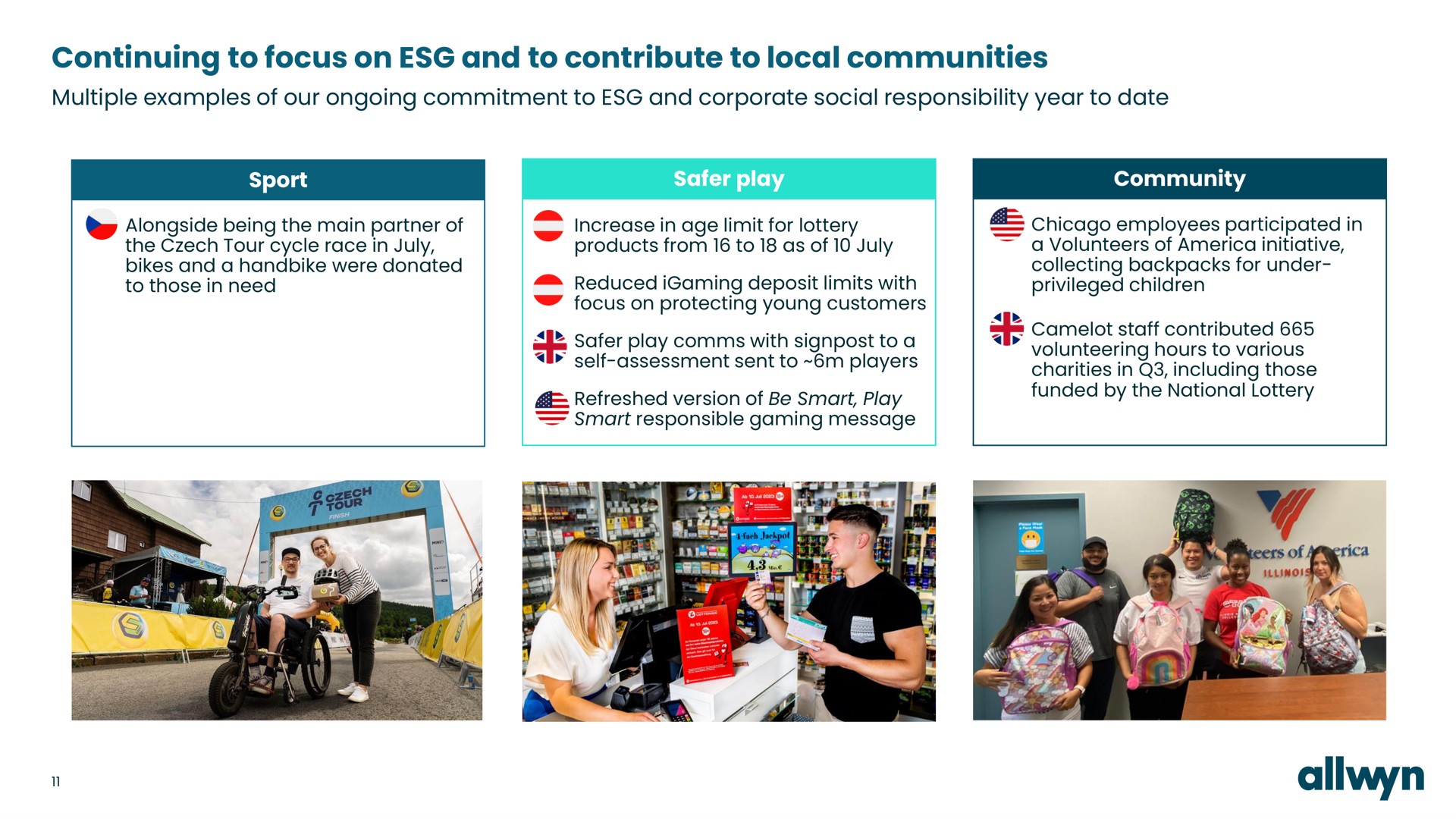 continuing to focus on and to contribute to local communities multiple examples of our ongoing commitment to and corporate social responsibility year to date | Allwyn