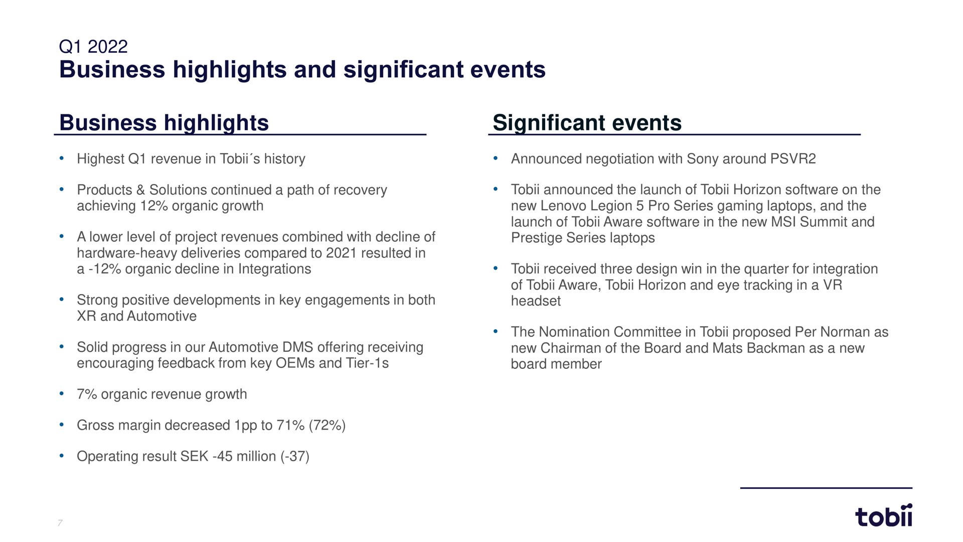 business highlights and significant events business highlights significant events | Tobii