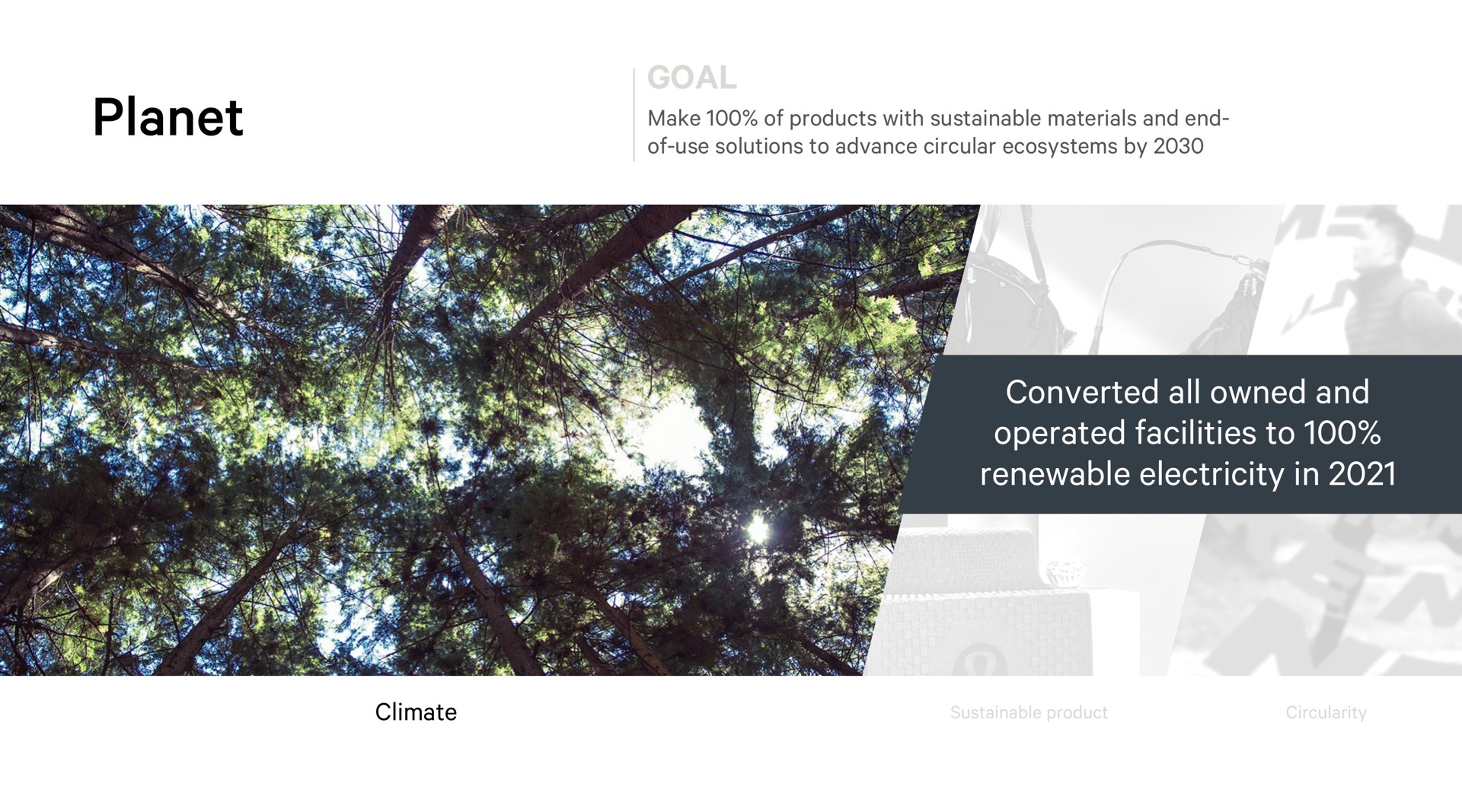 planet goal converted all owned and operated facilities to renewable electricity in | Lululemon