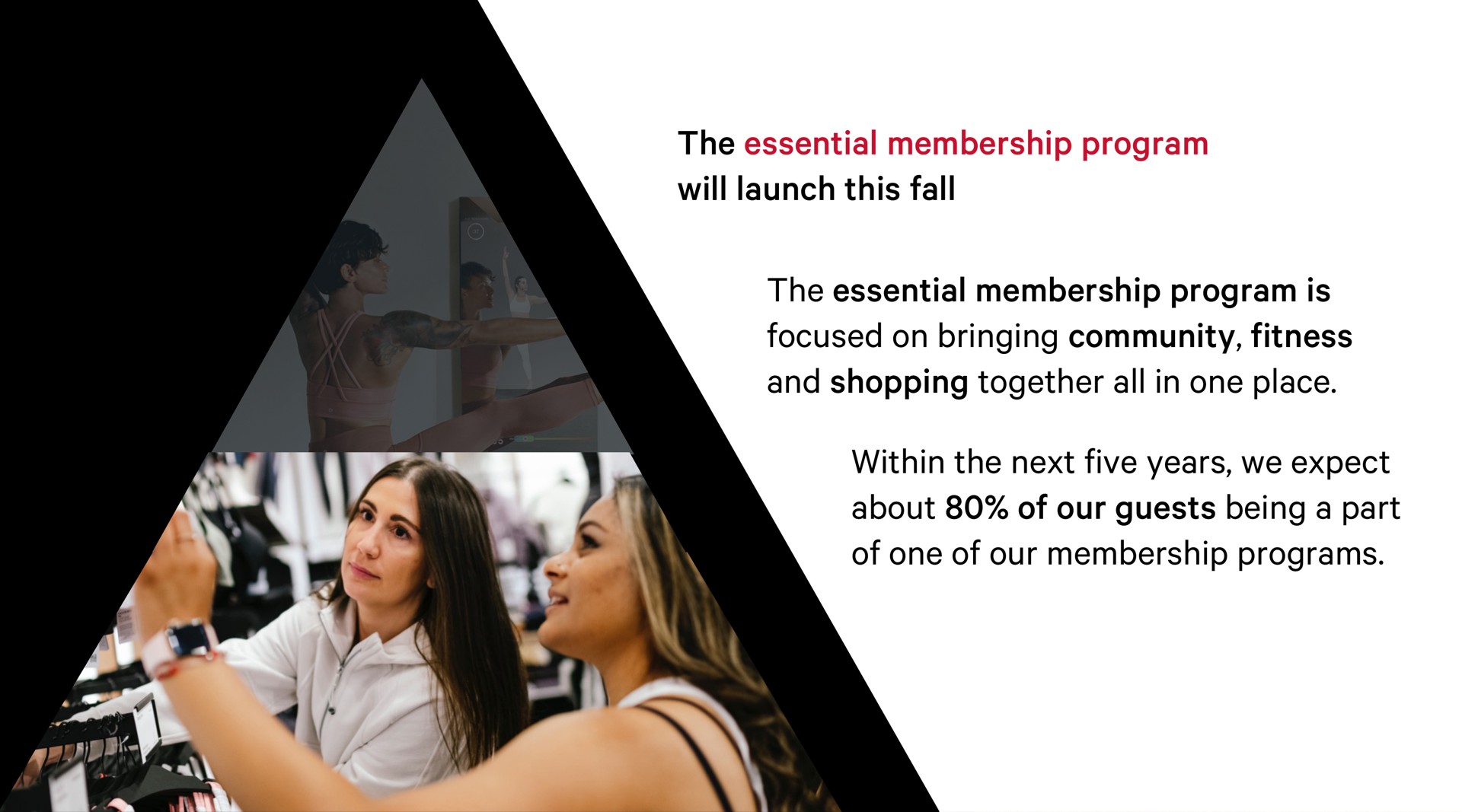 the essential membership program will launch this fall the essential membership program is focused on bringing community fitness and shopping together all in one place within the next five years we expect about of our guests being a part of one of our membership programs | Lululemon