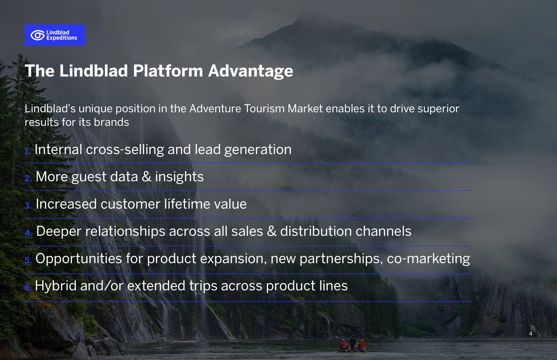 the platform advantage internal cross selling and lead generation more guest data insights increased customer lifetime value relationships across all sales distribution channels opportunities for product expansion new partnerships marketing hybrid and or extended trips across product lines | Lindblad