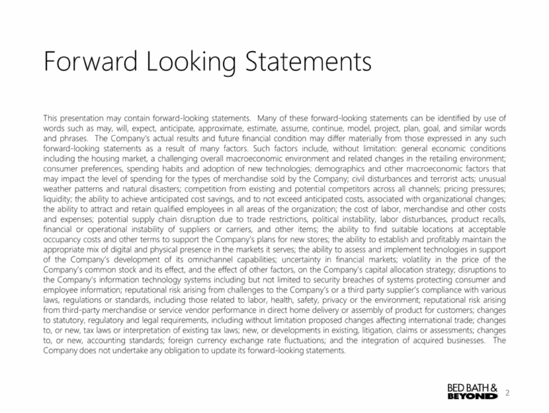 forward looking statements | Bed Bath & Beyond