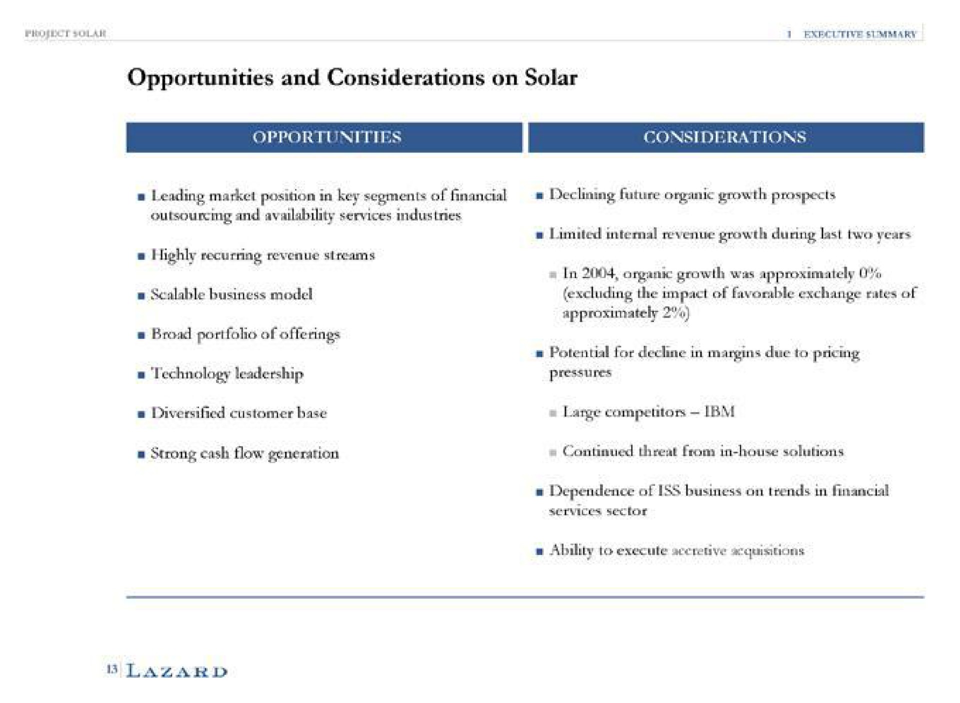 opportunities and considerations on solar opportunities considerations leading market position in key segments of financial declining future organic growth prospects and availability services tries highly recurring revenue scalable business model broad portfolio of offerings limited revenue growth last two years the impact of favorable exchange rates of approximately a diversified customer base large a dependence of iss business on trends in financial services sector | Lazard
