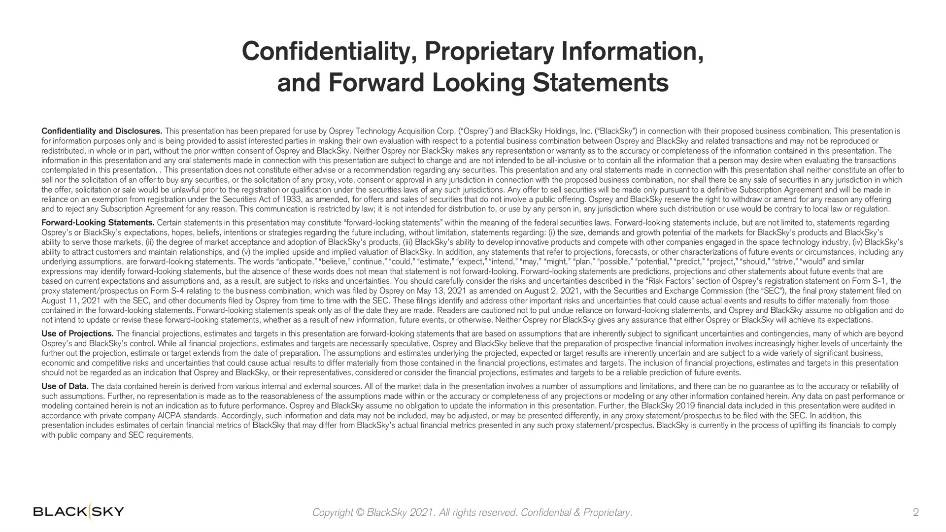 confidentiality proprietary information and forward looking statements | BlackSky
