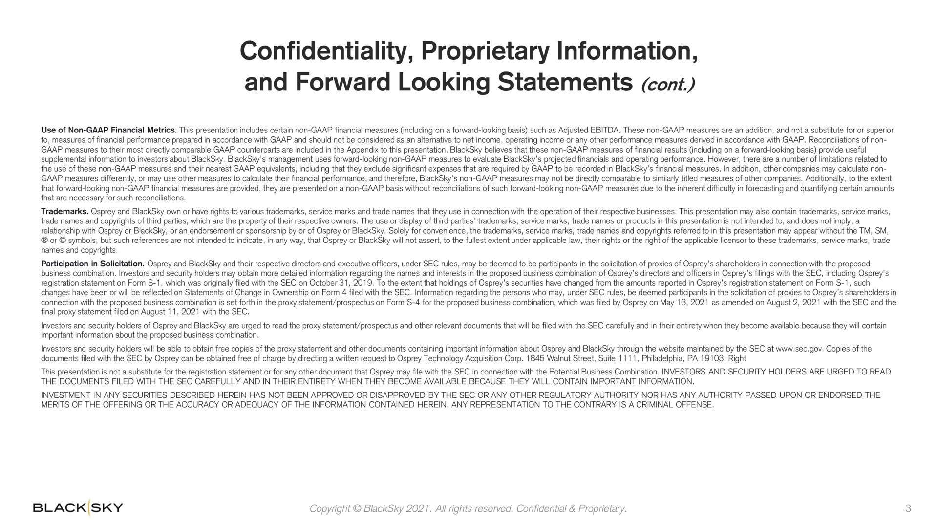confidentiality proprietary information and forward looking statements | BlackSky