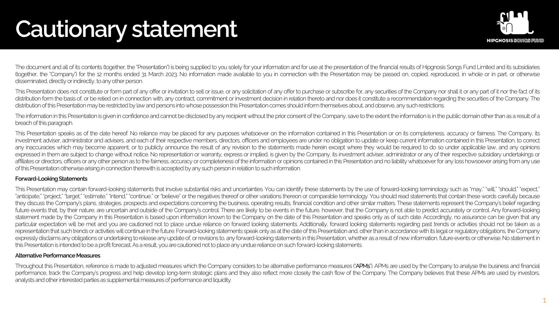 cautionary statement a | Hipgnosis Songs Fund